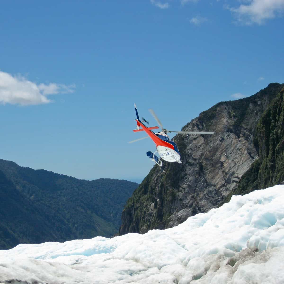 Helicopter departing Franz Josef Glacier.