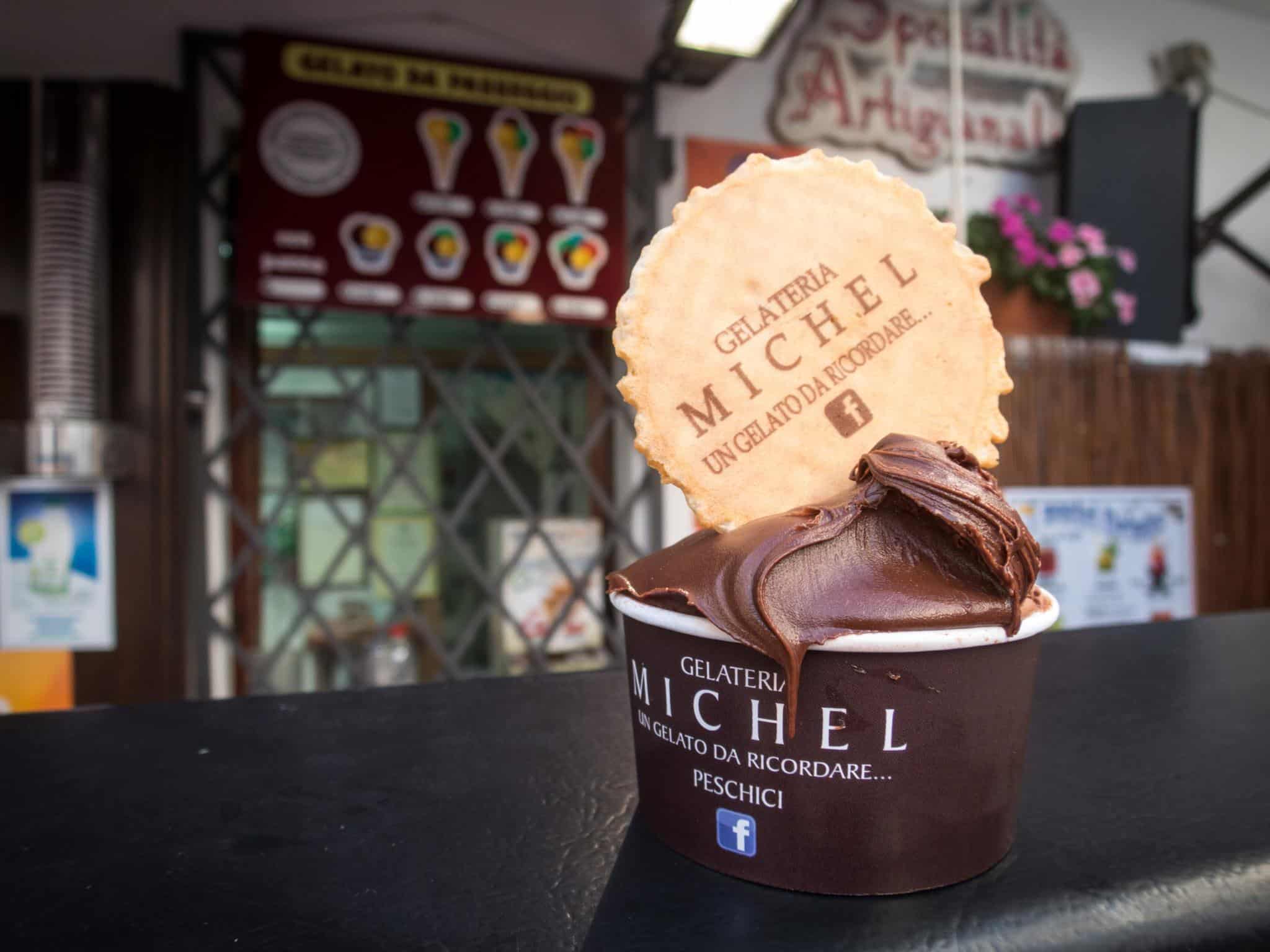 Chocolate gelato topped with a scoop of Nutella