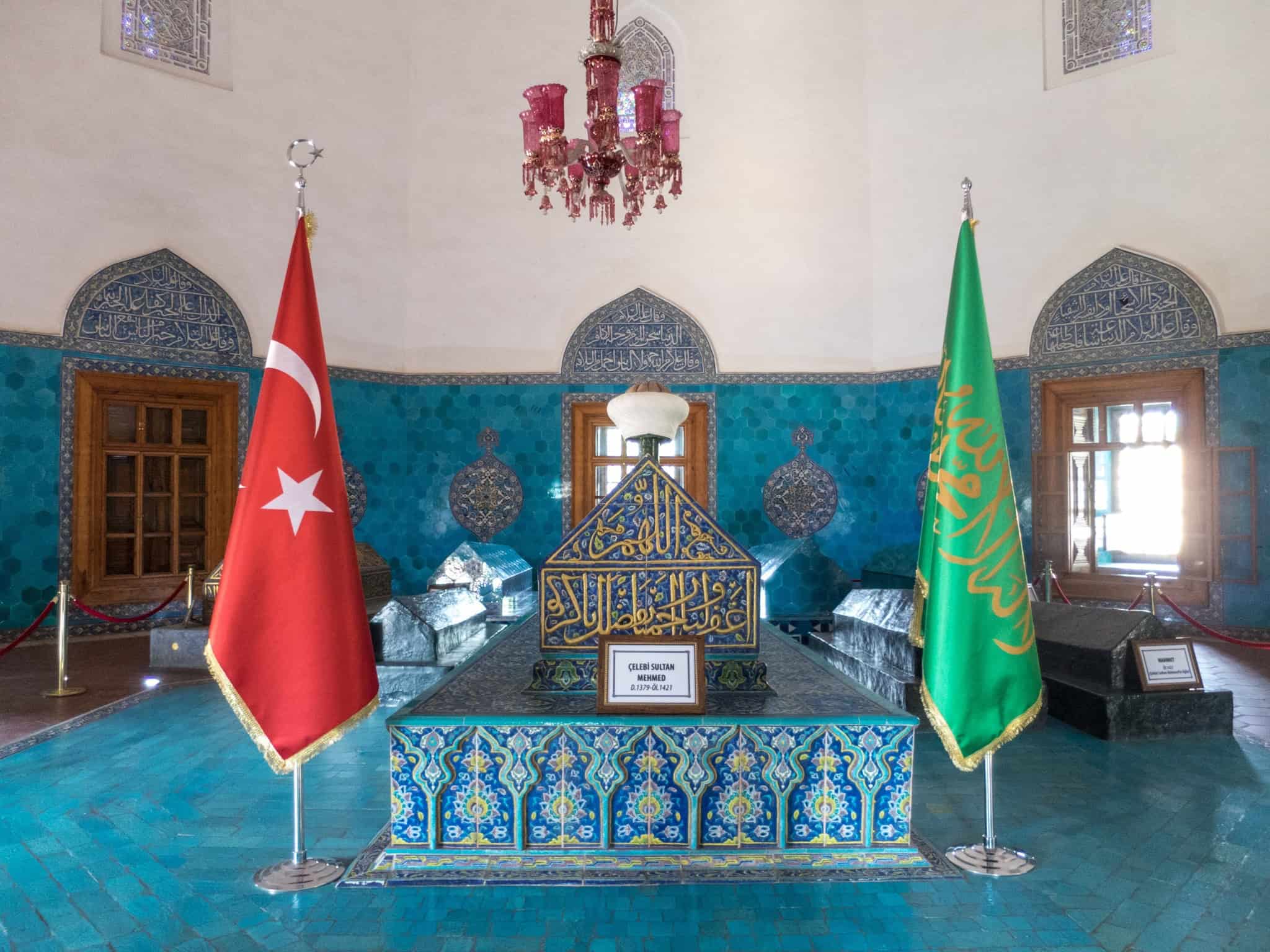 Burial sites inside the Green Tomb in Bursa, Turkey.