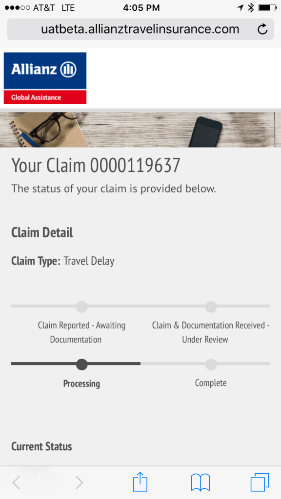 Allianz claim status in TravelSmart app.