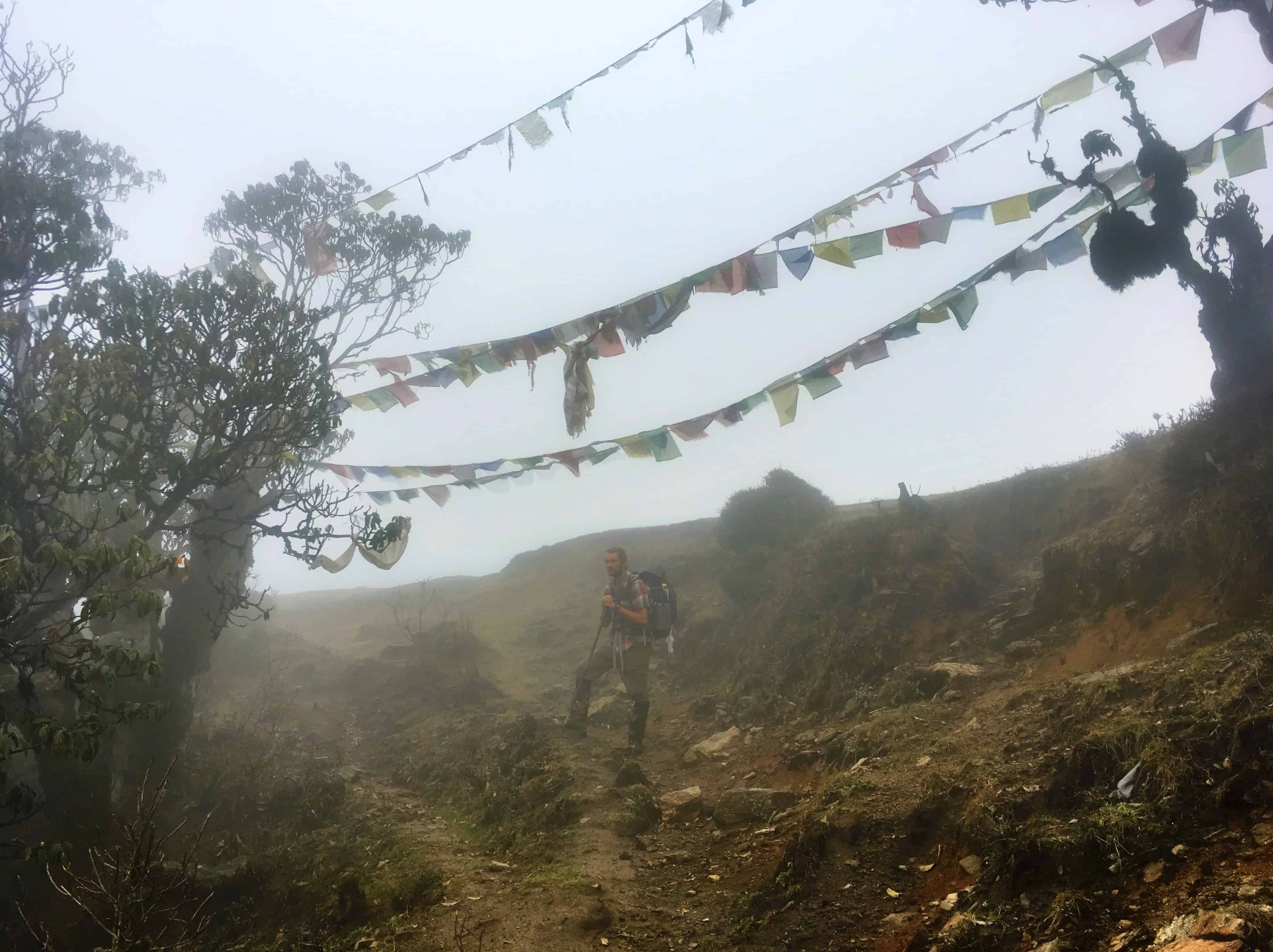 Prayer flags and low visibility in the Himalaya