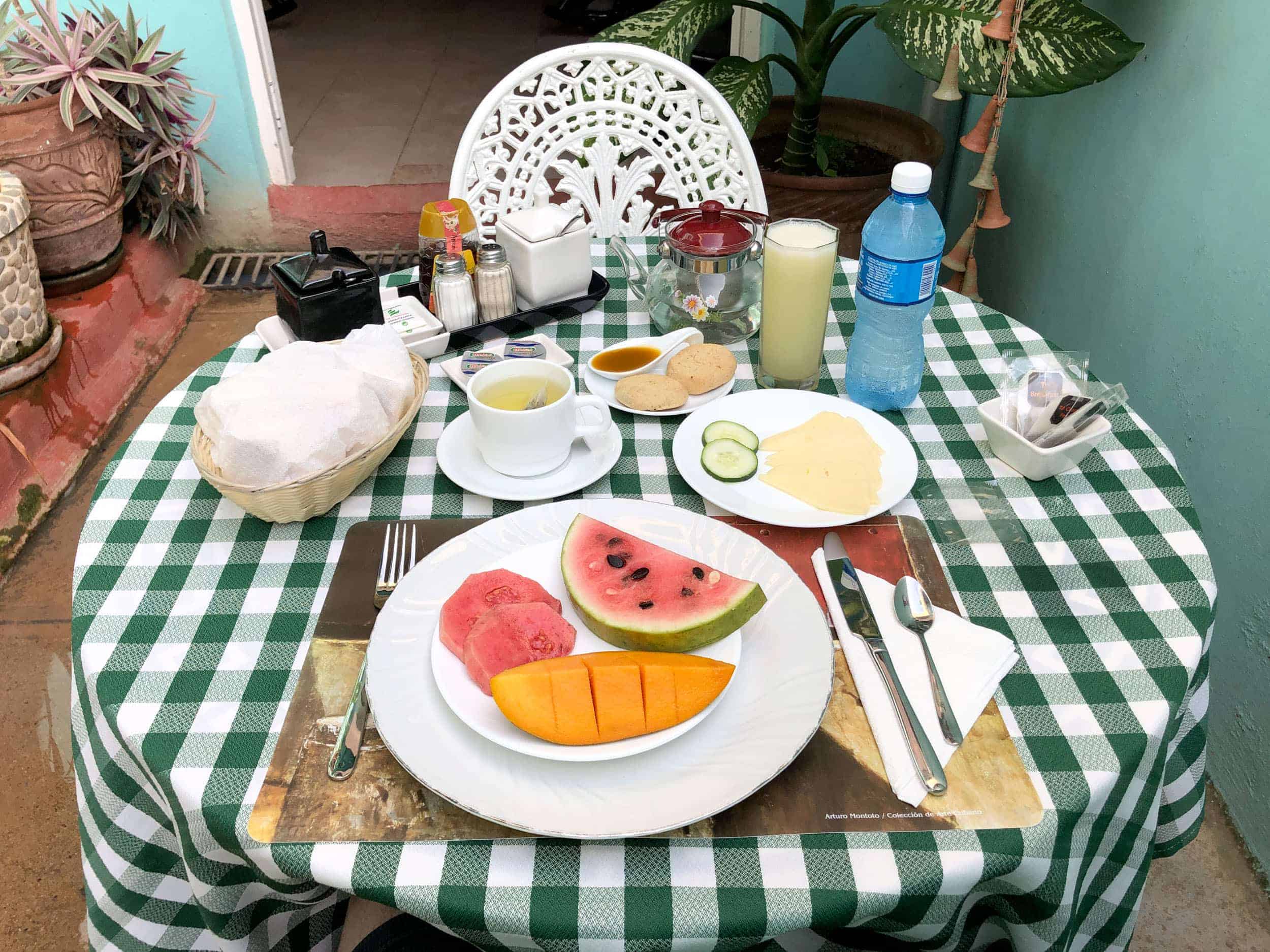 Breakfast at a family-owned Airbnb in Trinidad, Cuba