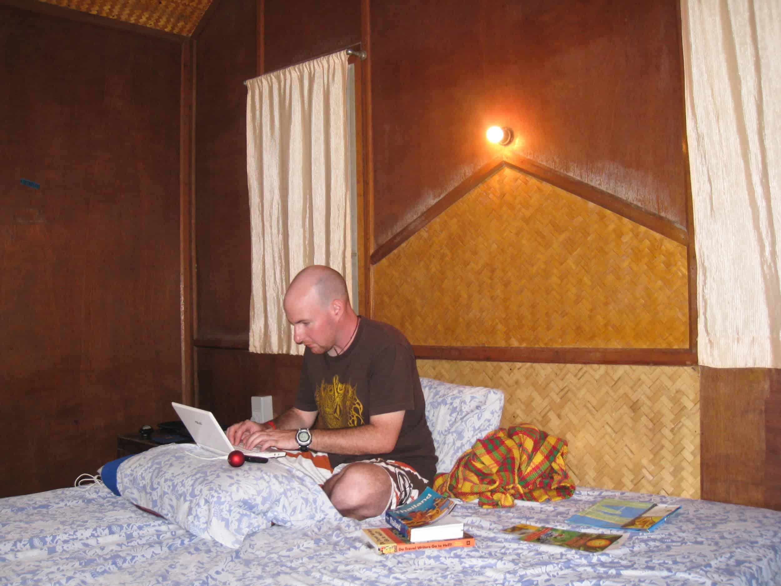 Dave Lee drafting blog posts in a beach bungalow on Koh Samui, Thailand