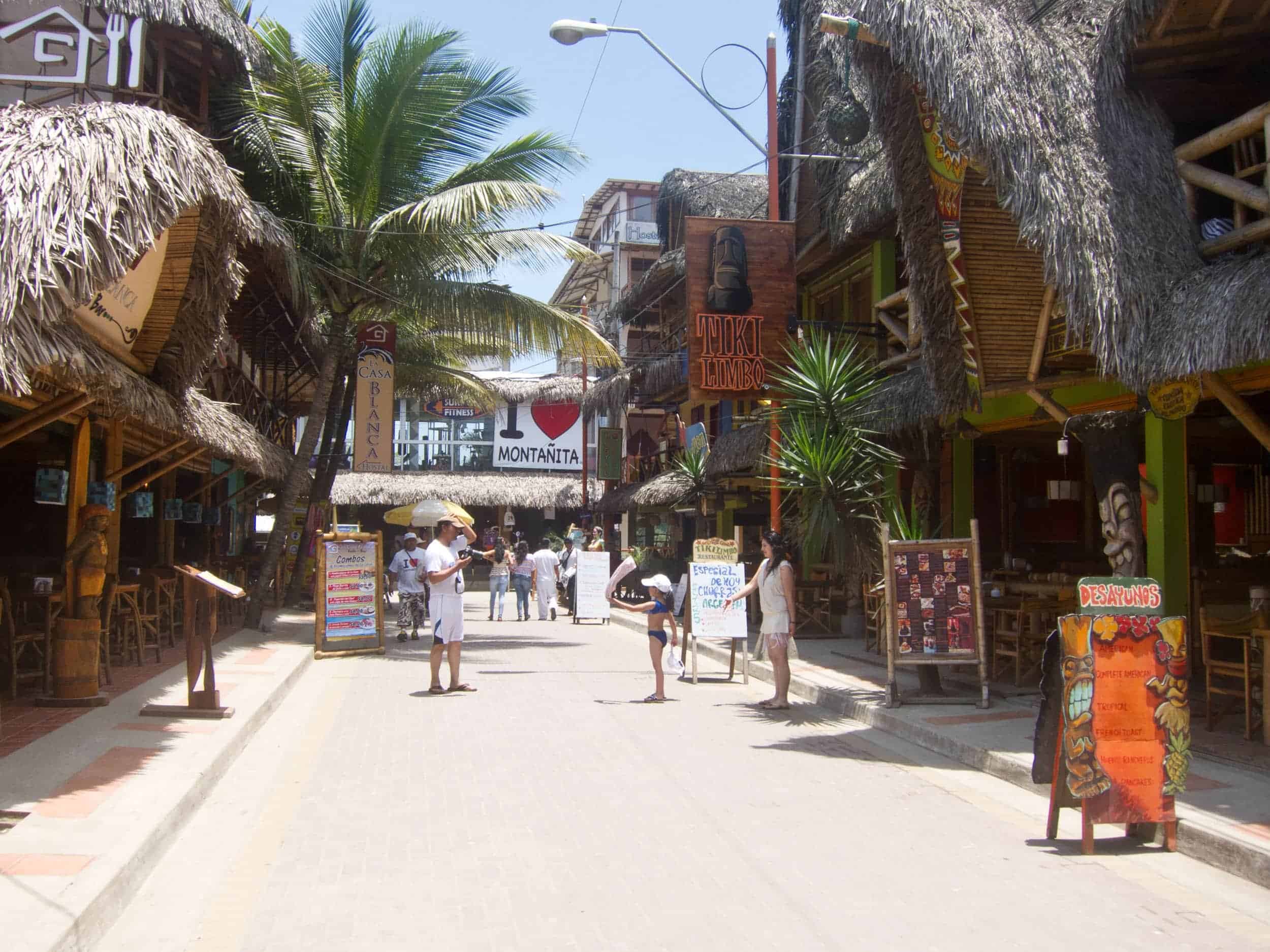 The main street in Montanita, with Tikilimbo on the right, and the gym straight ahead