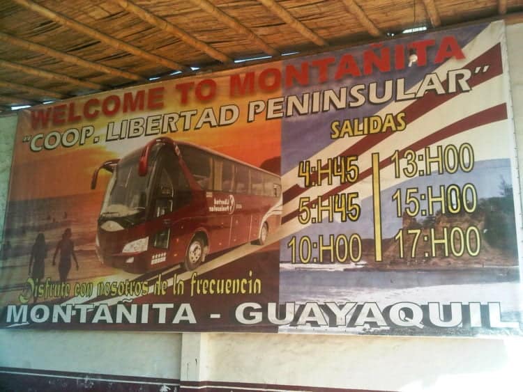 Departure times for the CLP buses leaving Montanita for Guayaquil
