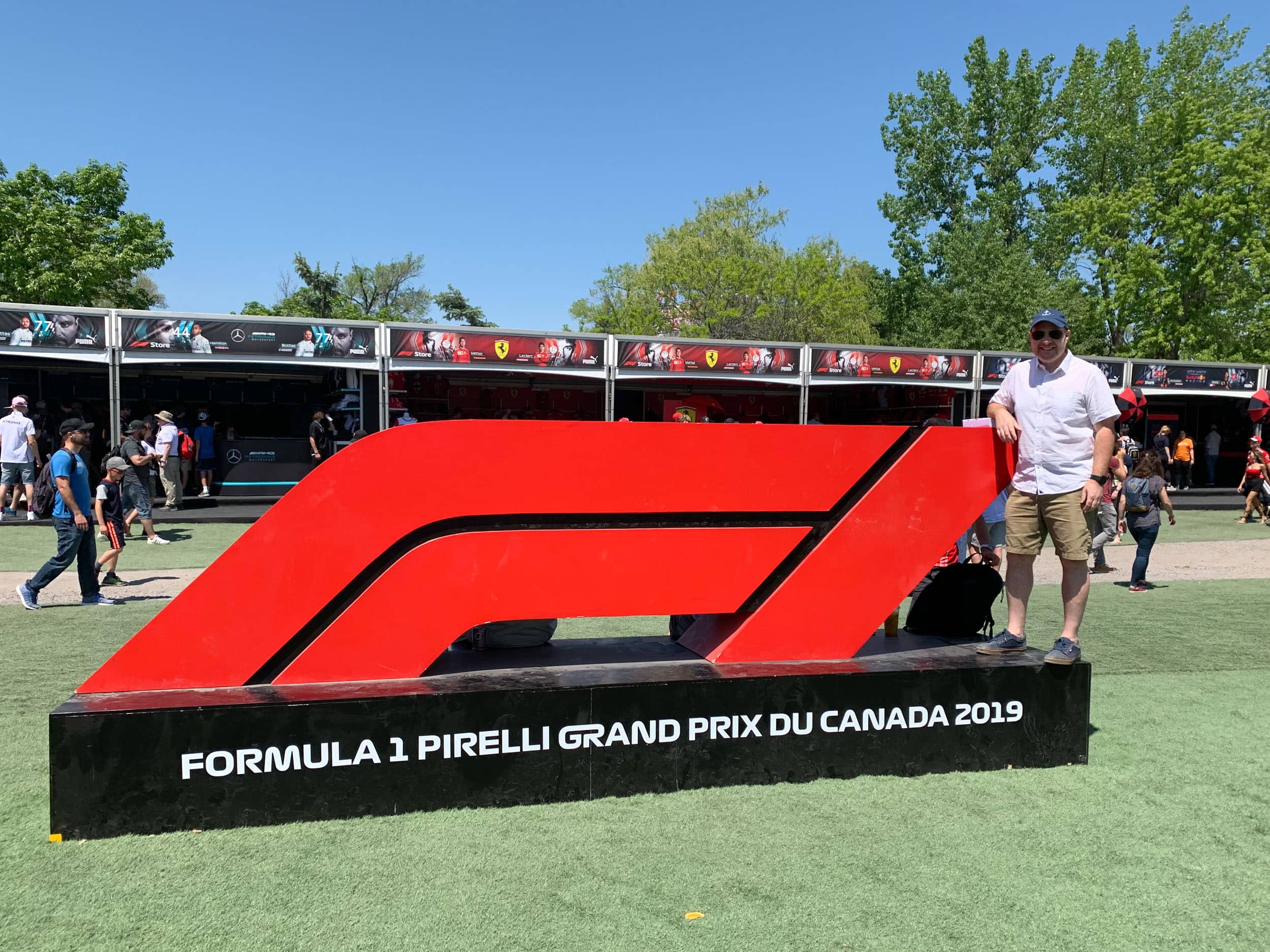 Dave pictured with a giant F1 sign at the Canadian Grand Prix. 