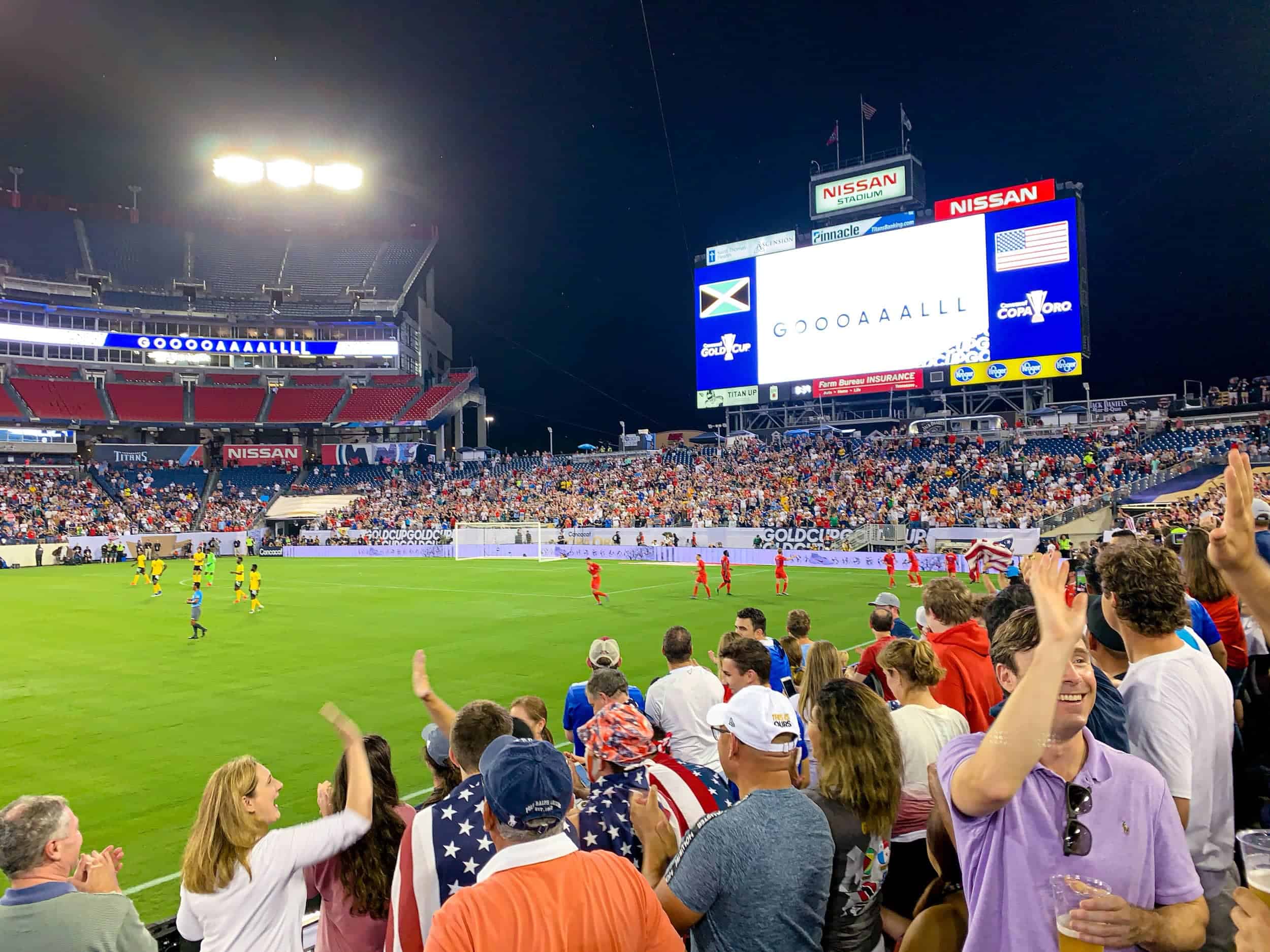 The US men's soccer team scores against Jamaica in the Gold Cup semifinal match