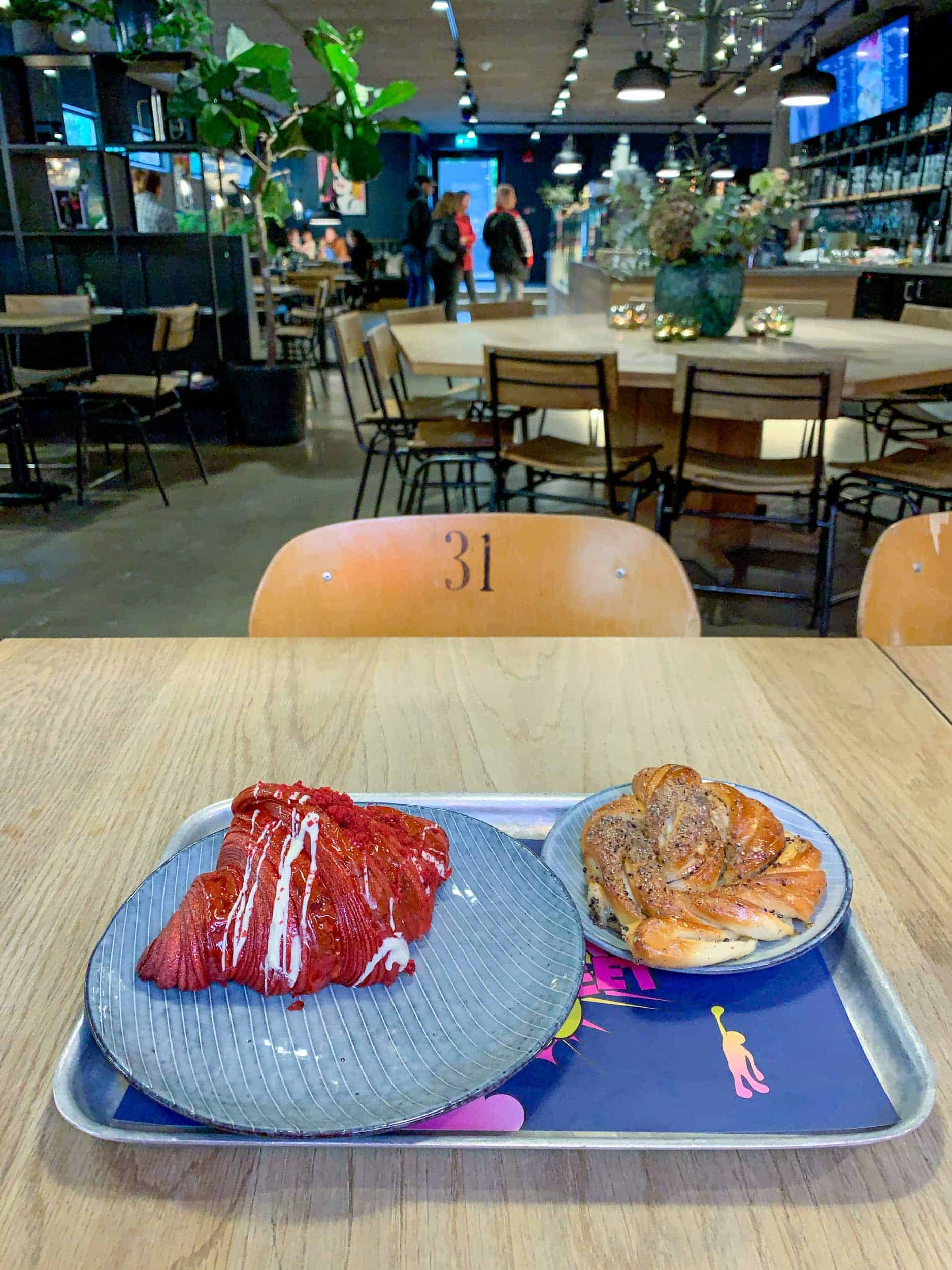 Red velvet croissant and cardamom bun