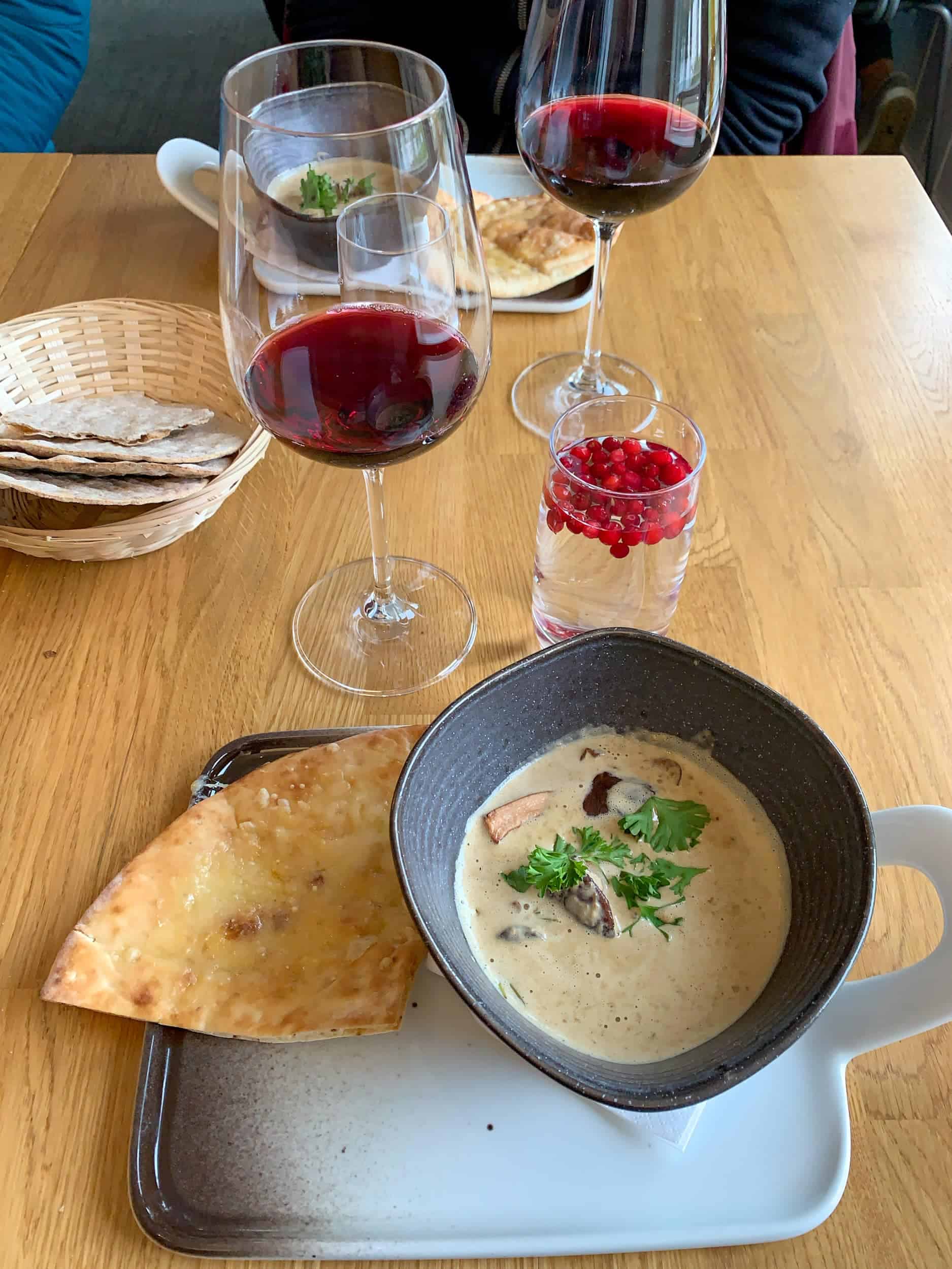 Mushroom soup and cheese bread at the hotel restaurant