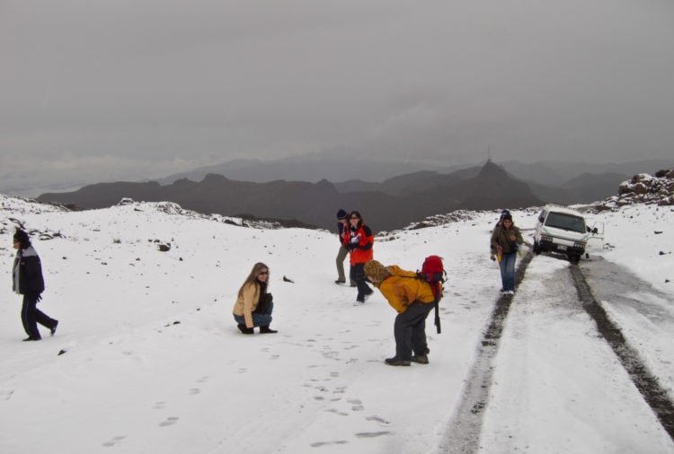 The snow-covered road on the drive up Nevado del Ruiz