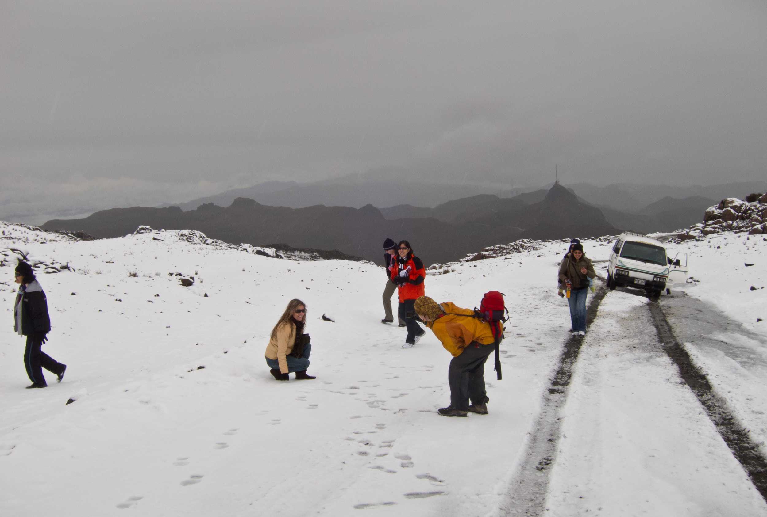 The snow-covered road up Nevado del Ruiz volcano.