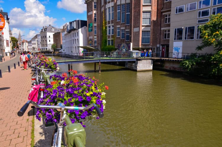 Bicycles and flowers along a canal (photo: Massimo Parisi)