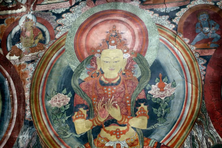 Murals inside Thiksey monastery, a popular site for first-time visitors to Ladakh, India