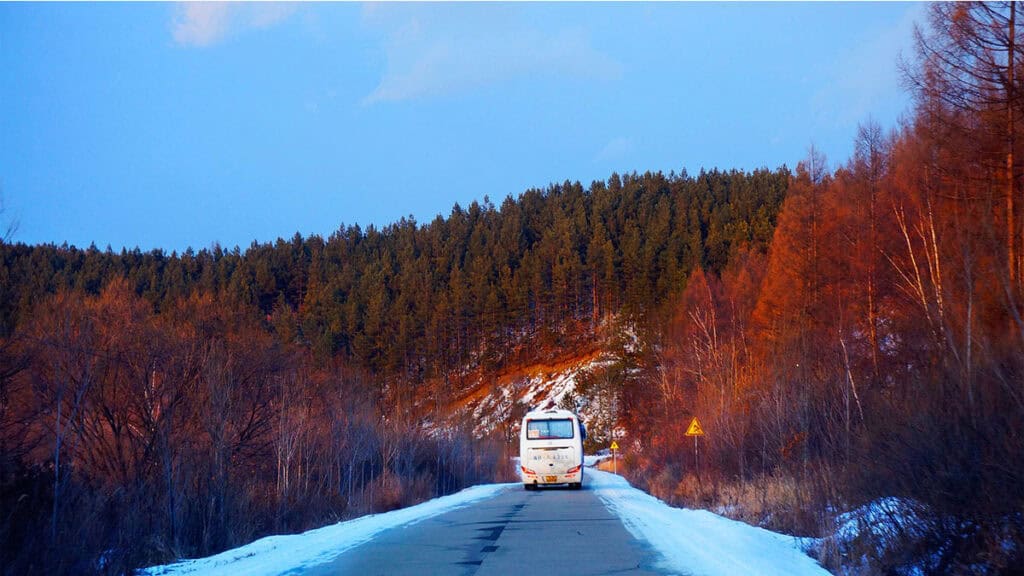 Bus driving through Heilongjiang woodland