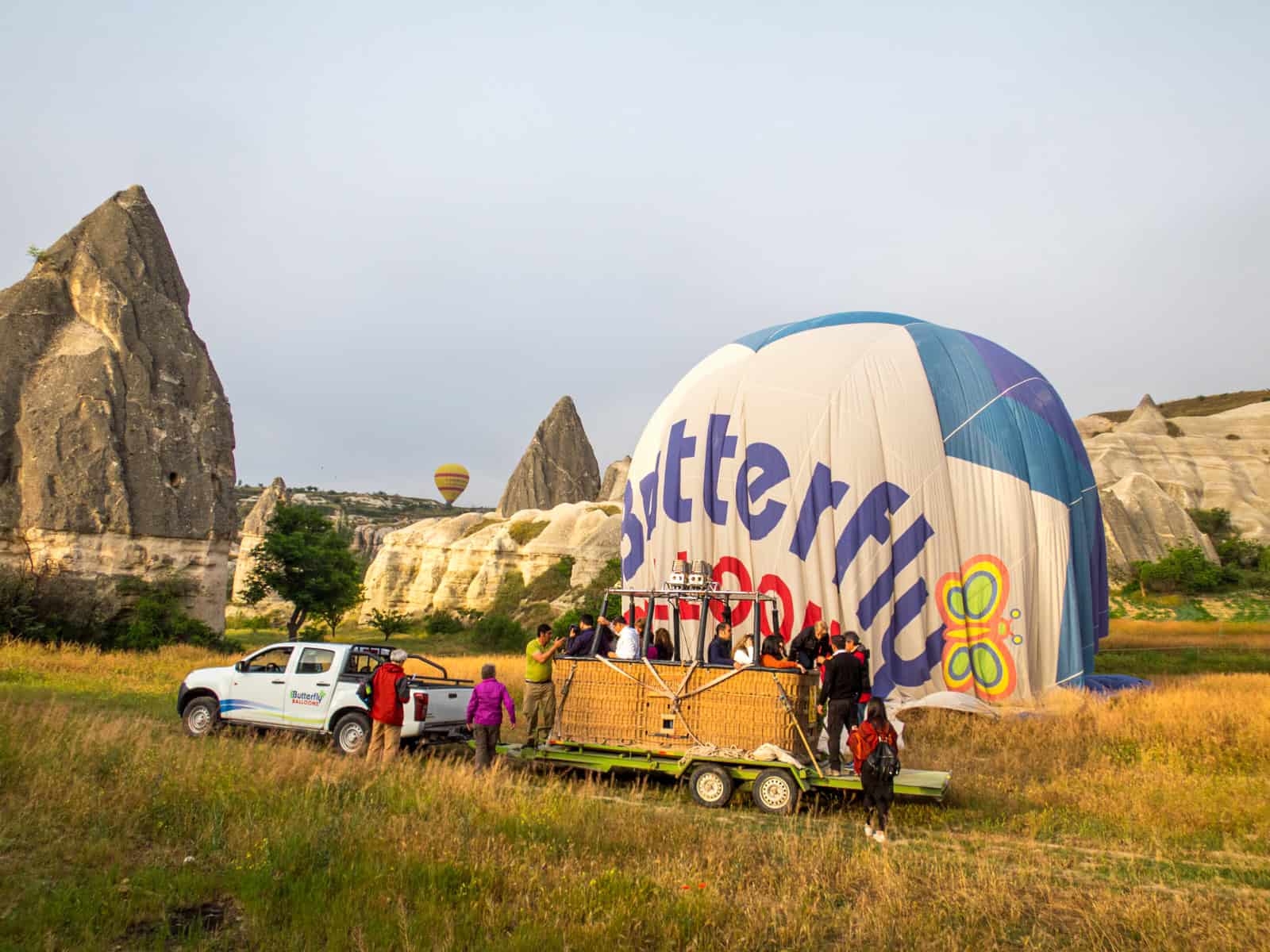 Passengers disembarking a balloon basket