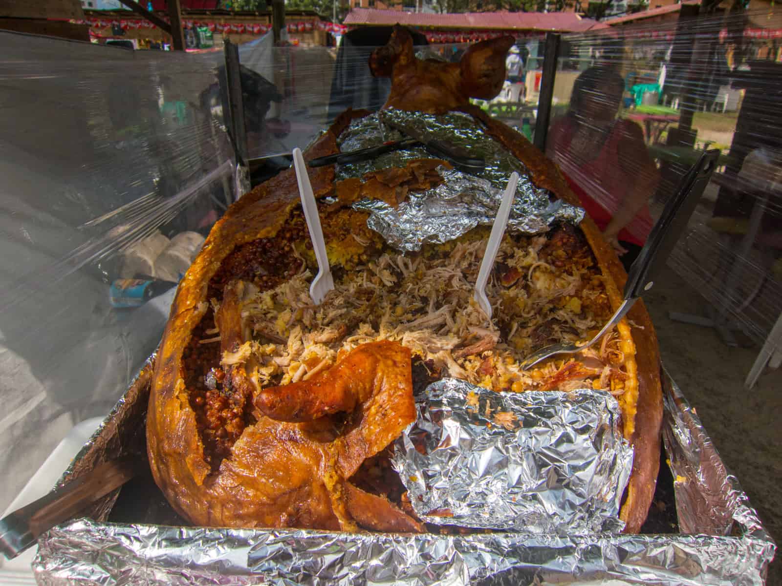 Lechona (whole pig) is a Colombian food used in celebrations.