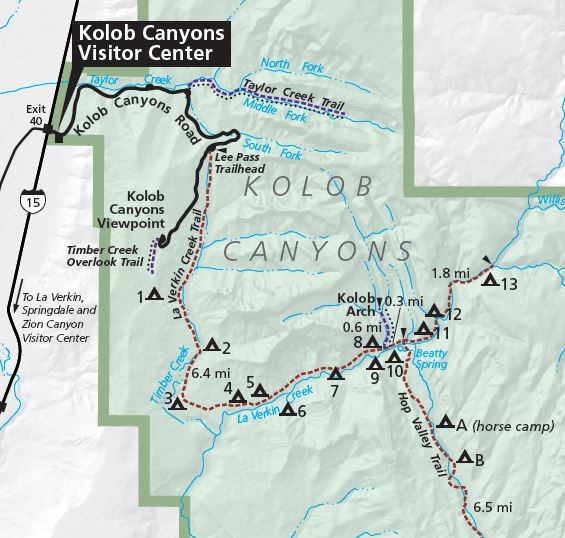 Map of Kolob Canyon's backpacking areas.