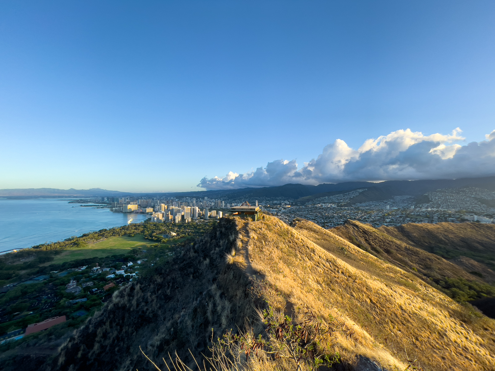 Looking west to Waikiki from summit lookout on Diamond Head at sunrise