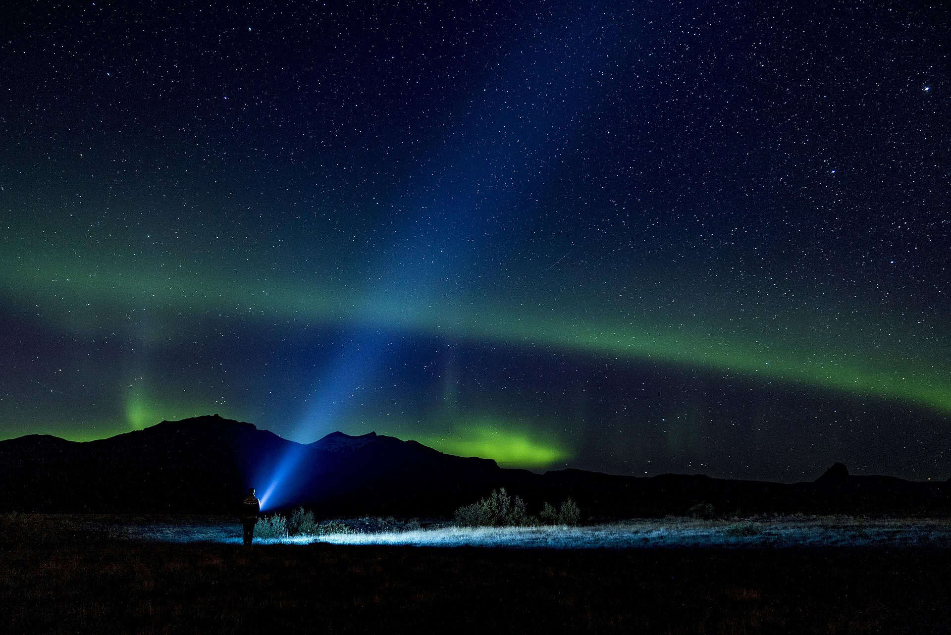 A man with a flashlight looks up at Alaska's green aurora borealis in the night's sky.