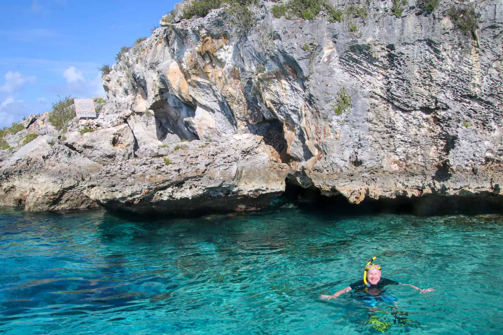 Dave treads water outside the entrance to Thunderball Grotto (photo: Kelly Lemons)