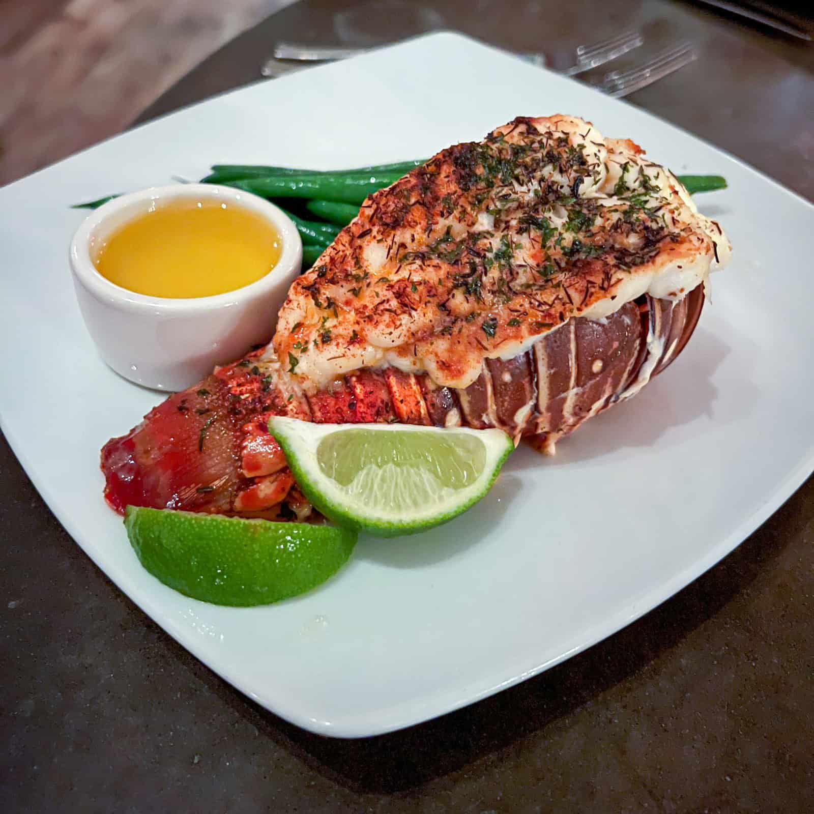 Stuffed lobster tail with string beans at the Staniel Cay Yacht Club