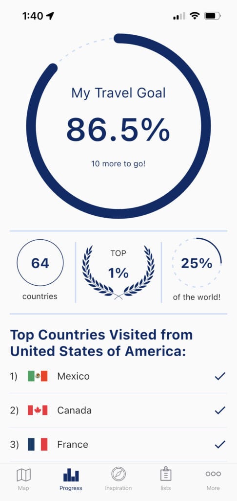 Dave's travel stats in the Visited app