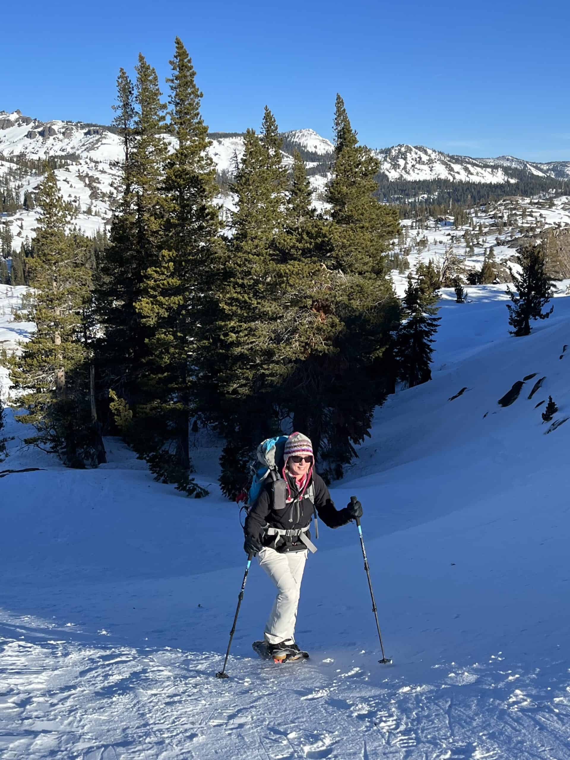 Climbing Donner Peak on snowshoes during a California road trip