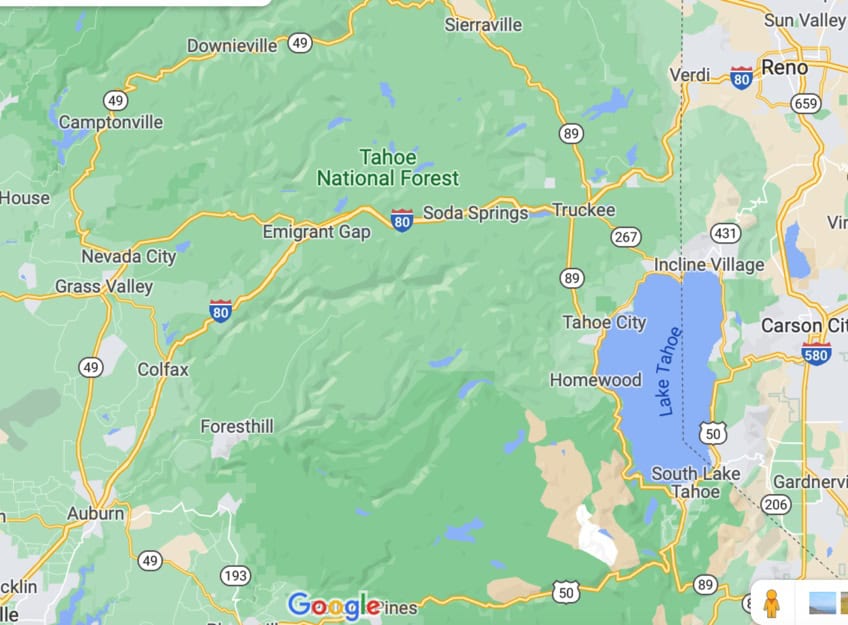 Map of Truckee and Nevada City, two destinations to hit on a California road trip