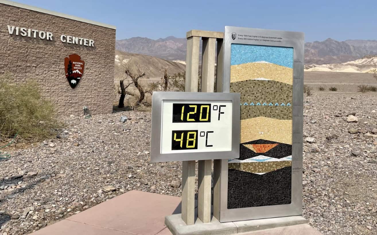 A welcome sign at Furnace Creek Visitor's Center shows high temperatures (photo: courtesy NPS)