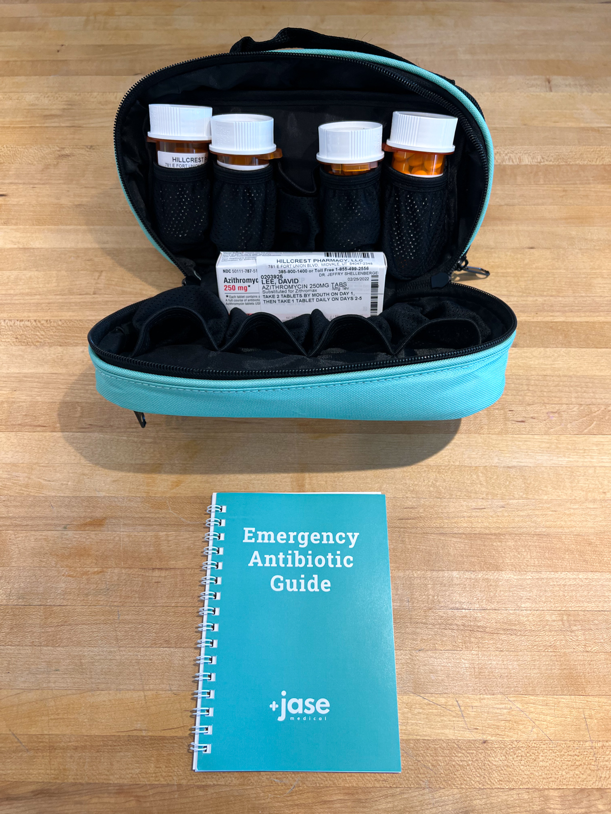 The Jase Case includes five emergency antibiotics and a guide for when to use them. 