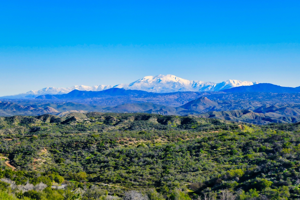 The Agua Tibia Wilderness in Cleveland National Forest. The snowy peaks of the San Jacinto Range are also visible.