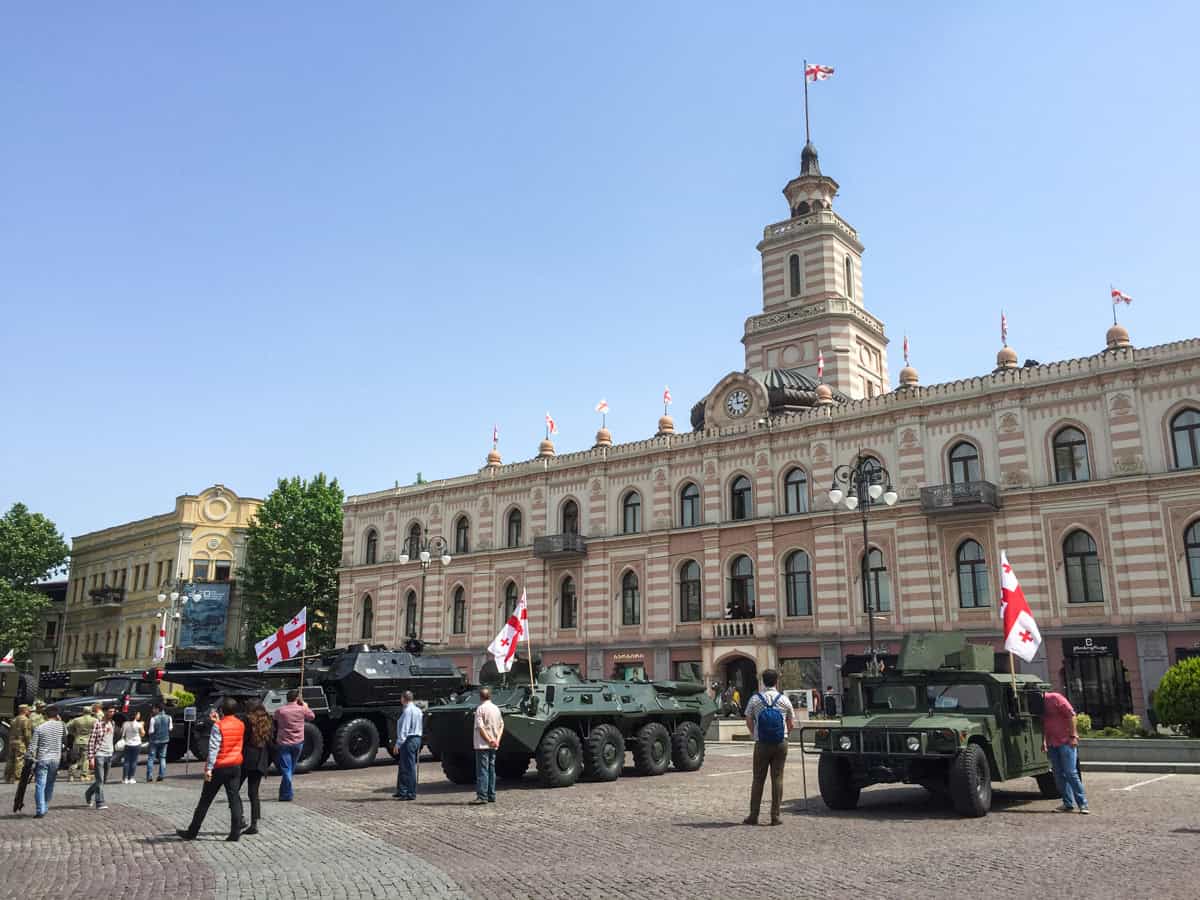 Military vehicles on display in Freedom Square during Georgia's 2015 Independence Day celebrations