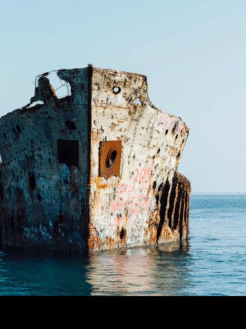 A front view of the shipwrecked S.S. Sapona off of the island of Bimini in the Bahamas.