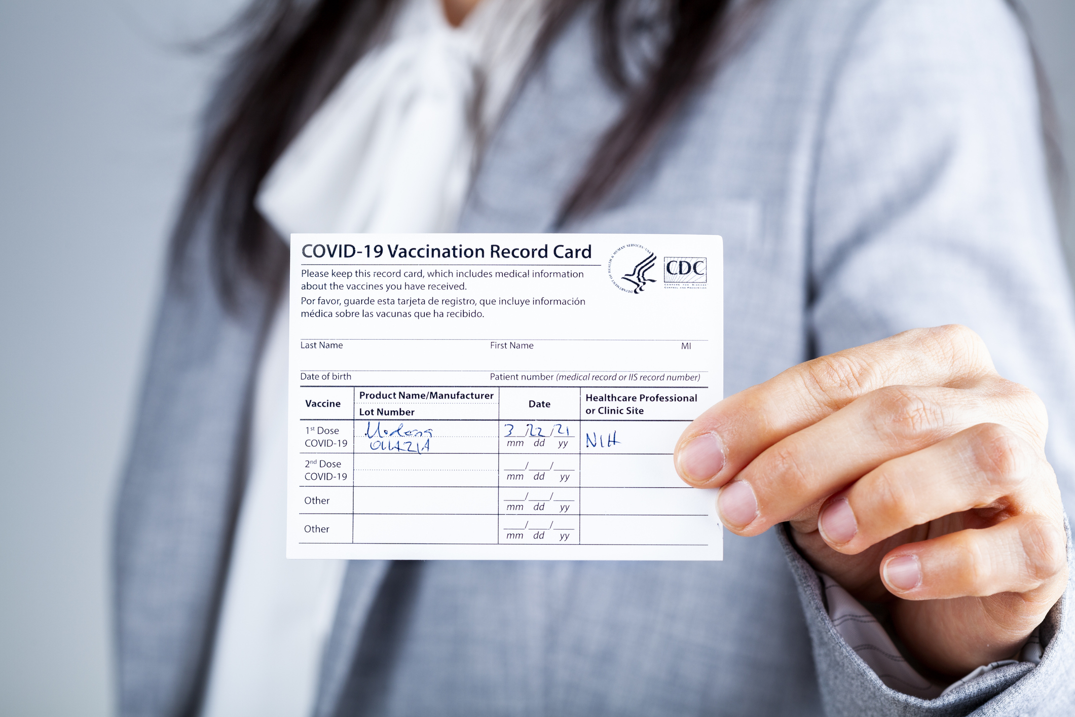 Covid-19 vaccine card issued by U.S. Centers for Disease Control and Prevention (photo via iStock)