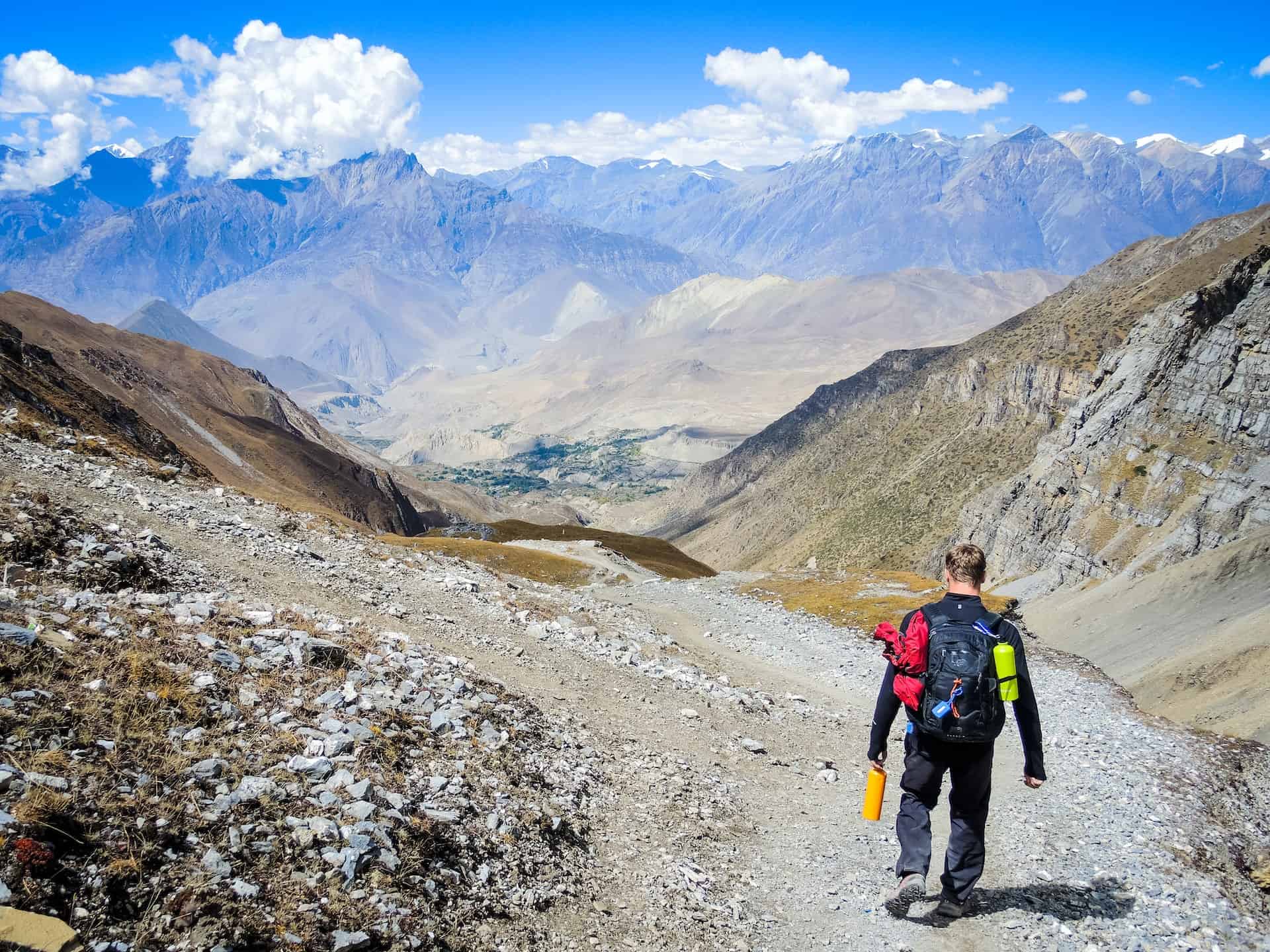 Hiking down to Muktinath from Thorung La pass, Nepal (photo: Simon English)