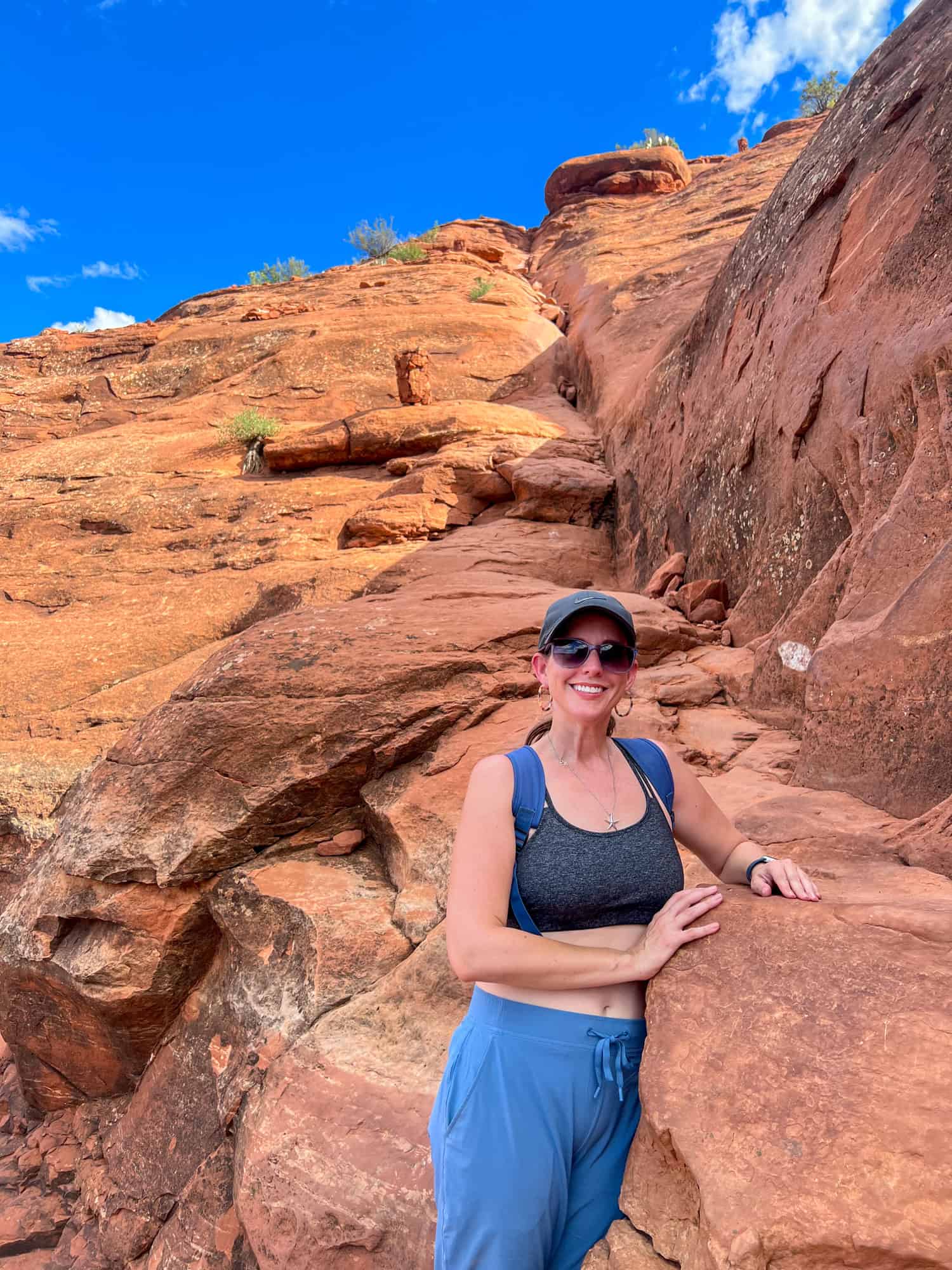 Kel smiles after descending the most challenging part of Cathedral Rock Trail