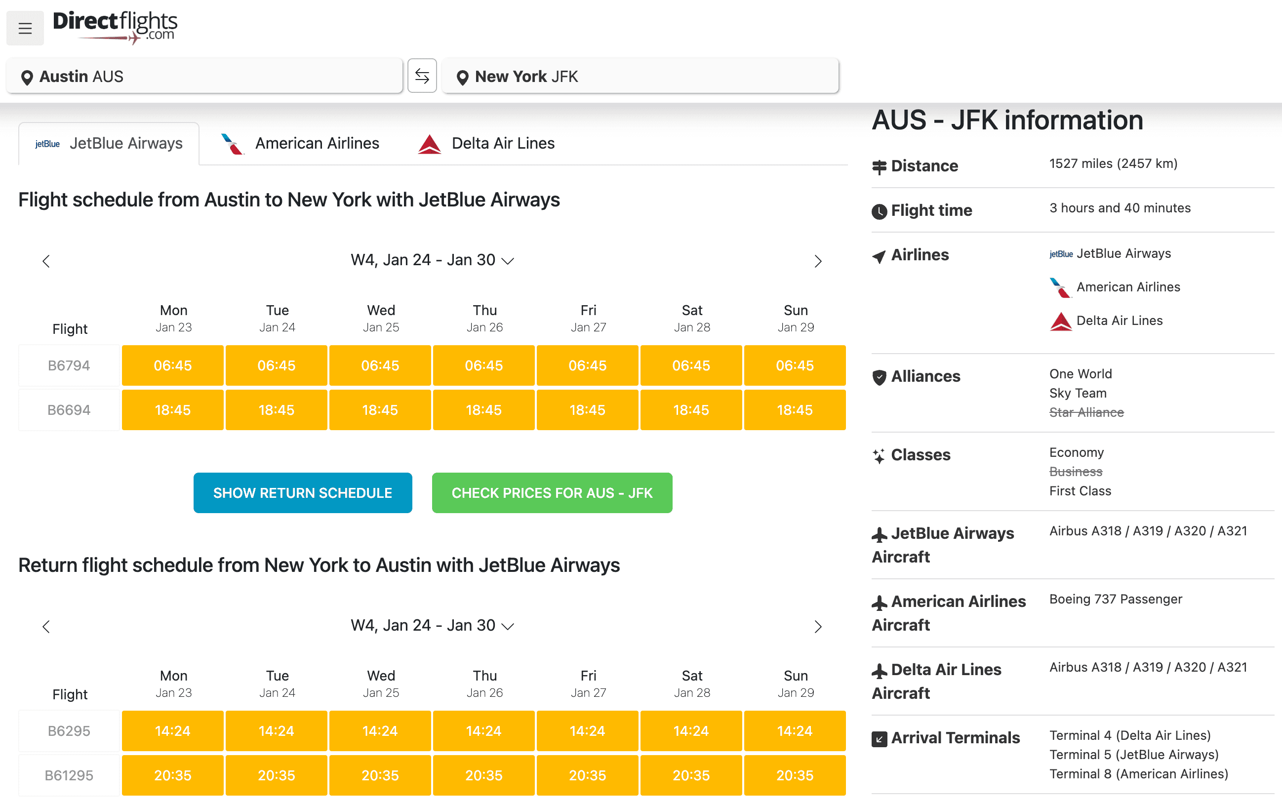 Flight times for Austin to JFK trips