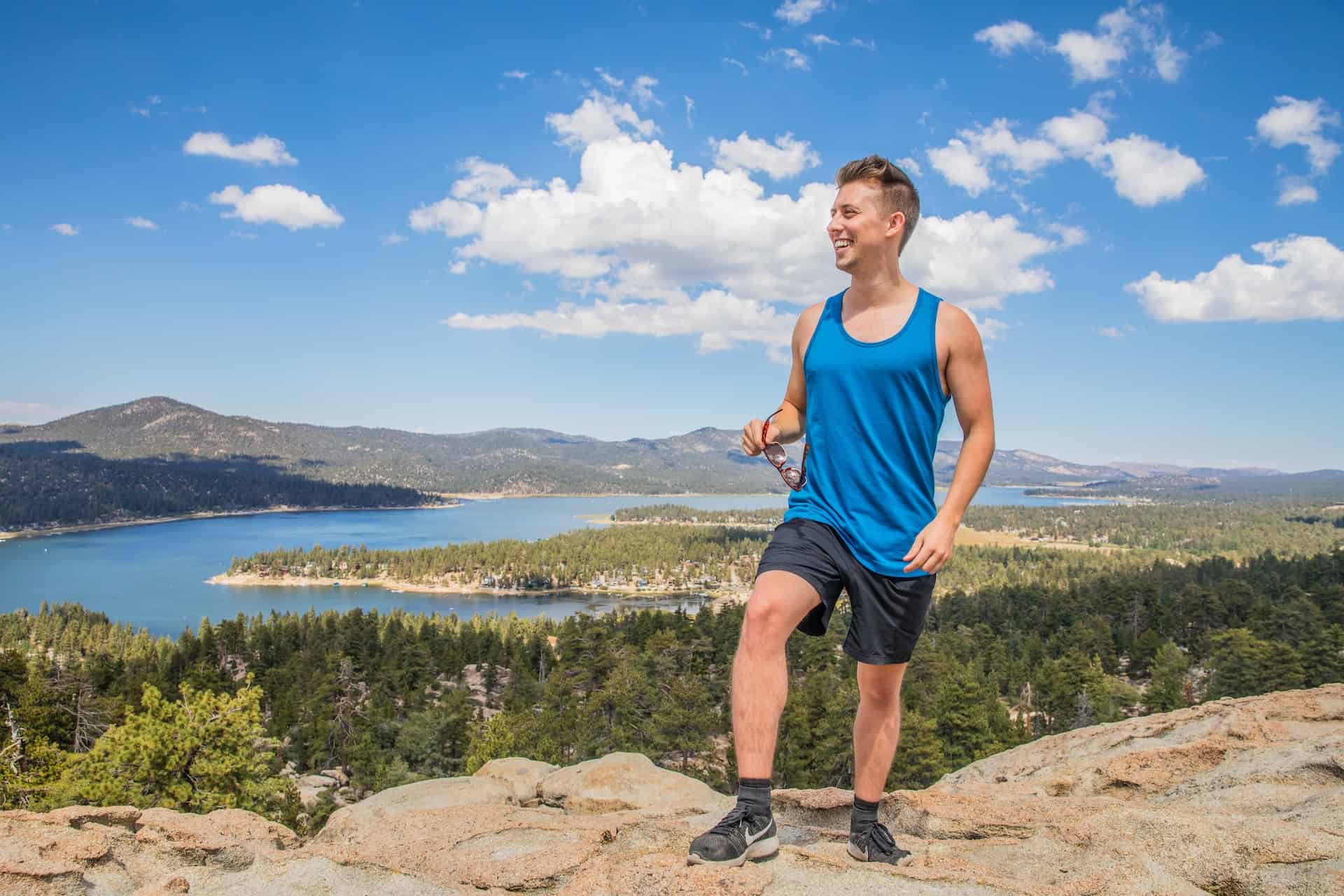 Hiker at Big Bear Lake, a terrific spot for lake camping in California (photo: Austin Distel, www.distel.co)