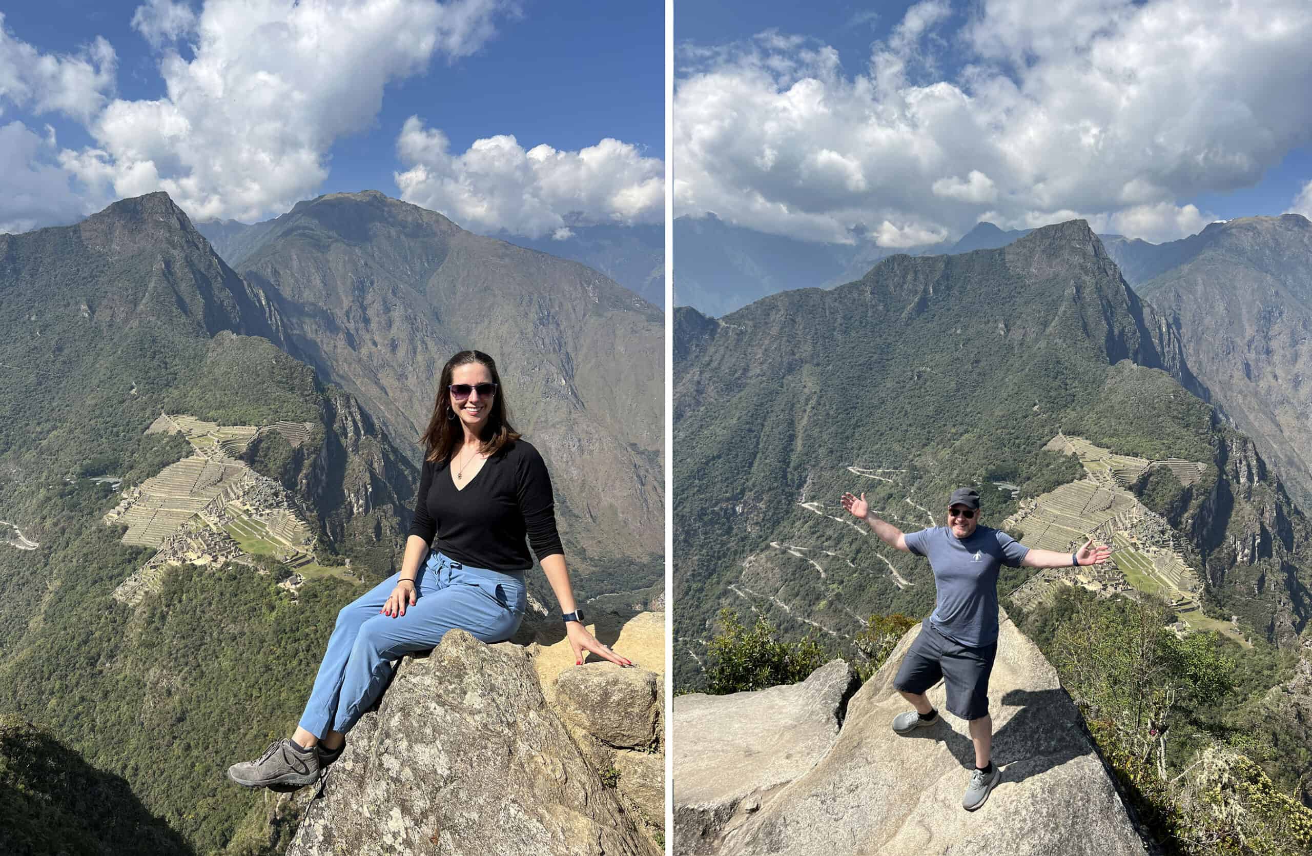 Kel and Dave pose atop Huayna Picchu; Machu Picchu is seen below us.