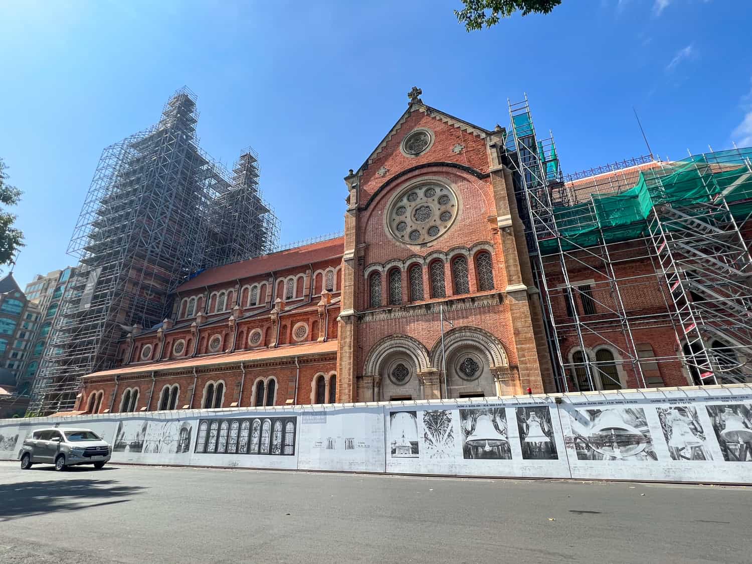 Scaffolding covers much of Notre Dame Cathedral as it undergoes renovations in 2023.