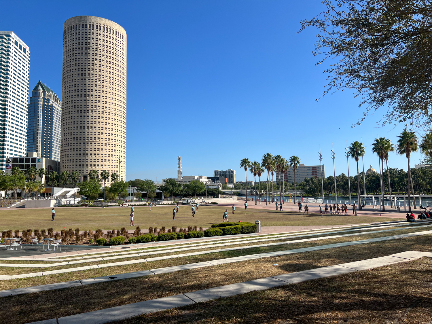 Adults kickball game at Curtis Hixon Waterfront Park on the Tampa Riverwalk