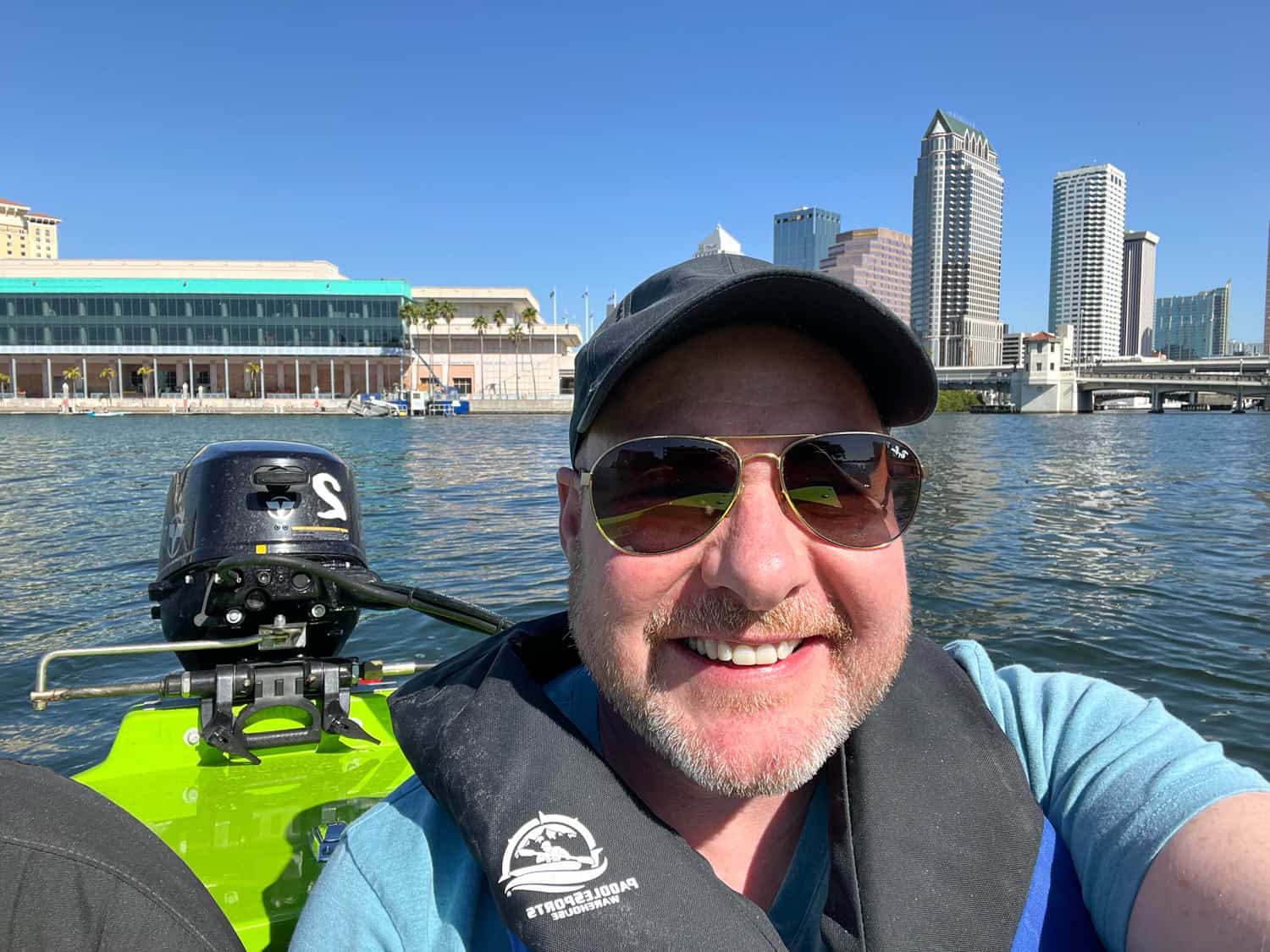 Dave takes a selfie on a motorboat in Tampa, Florida