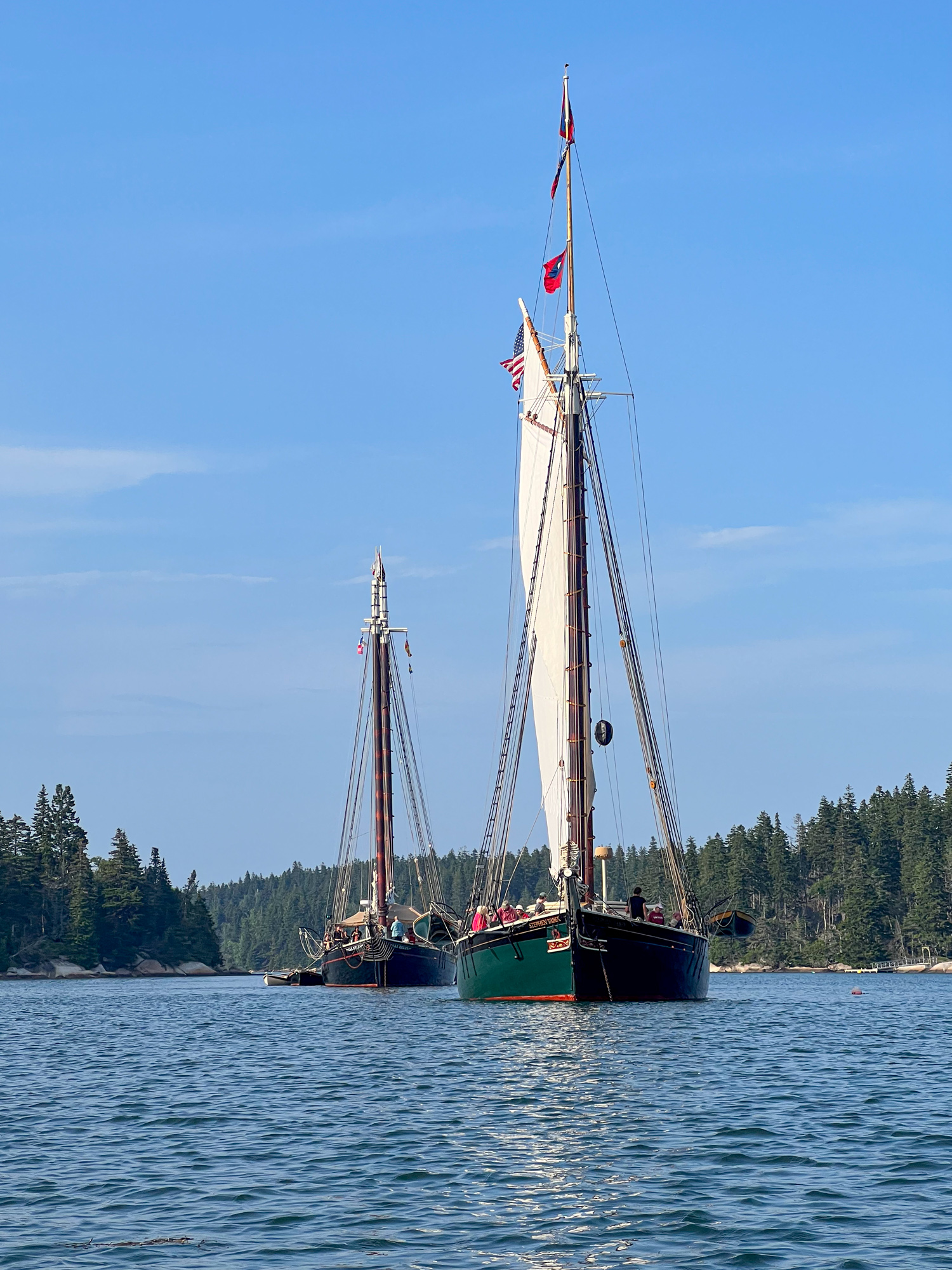Looking at the bows of Stephen Taber (right) and J & E Riggins (left) near Vinalhaven Island, ME