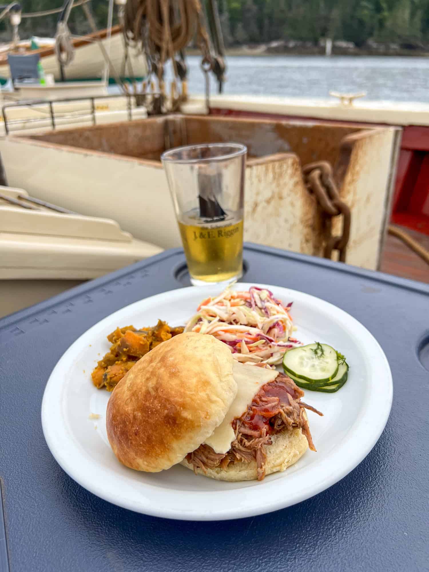 Pulled pork sandwich on a Maine windjammer cruise