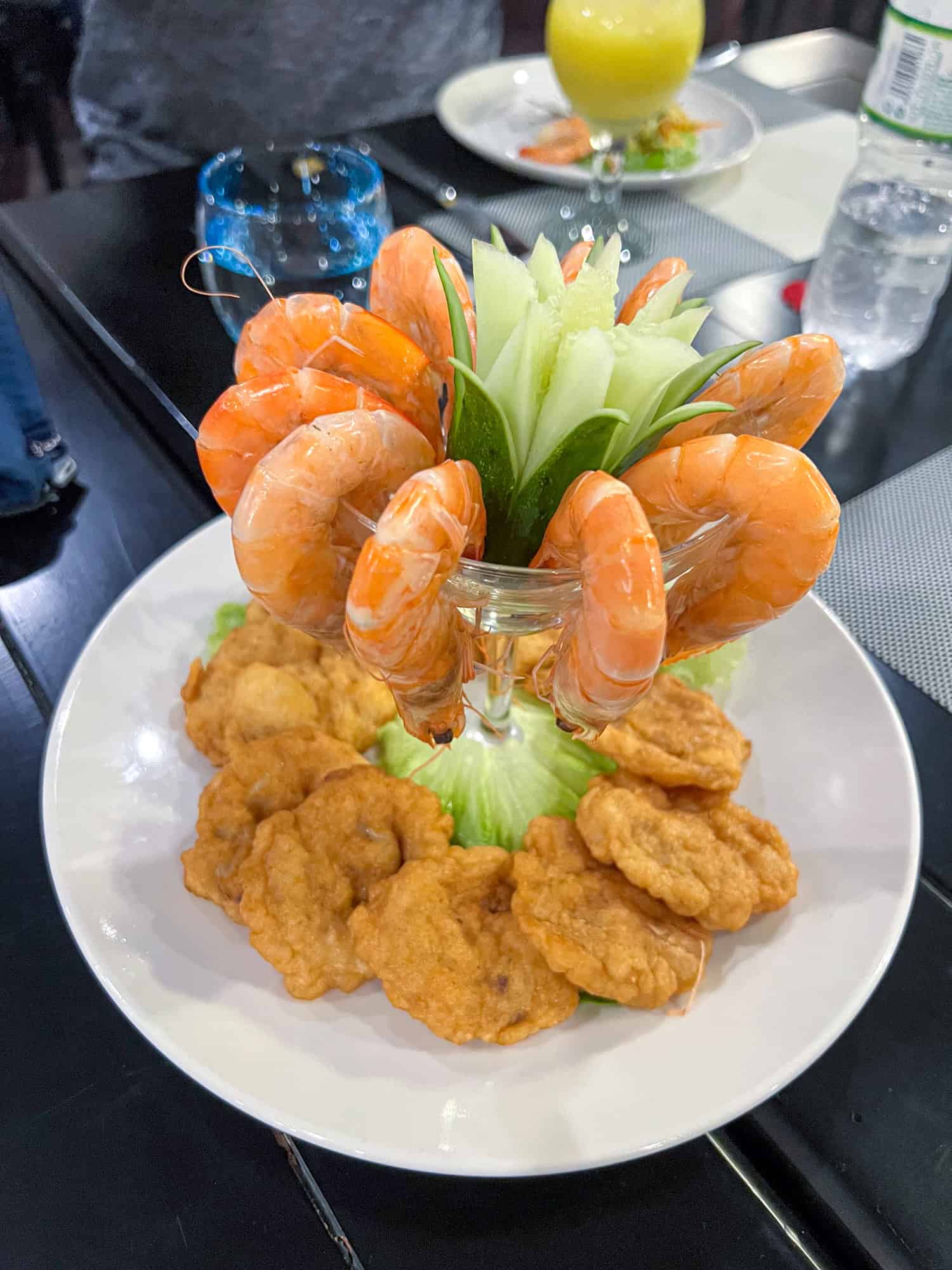 Shrimp cocktail and fried squid cakes