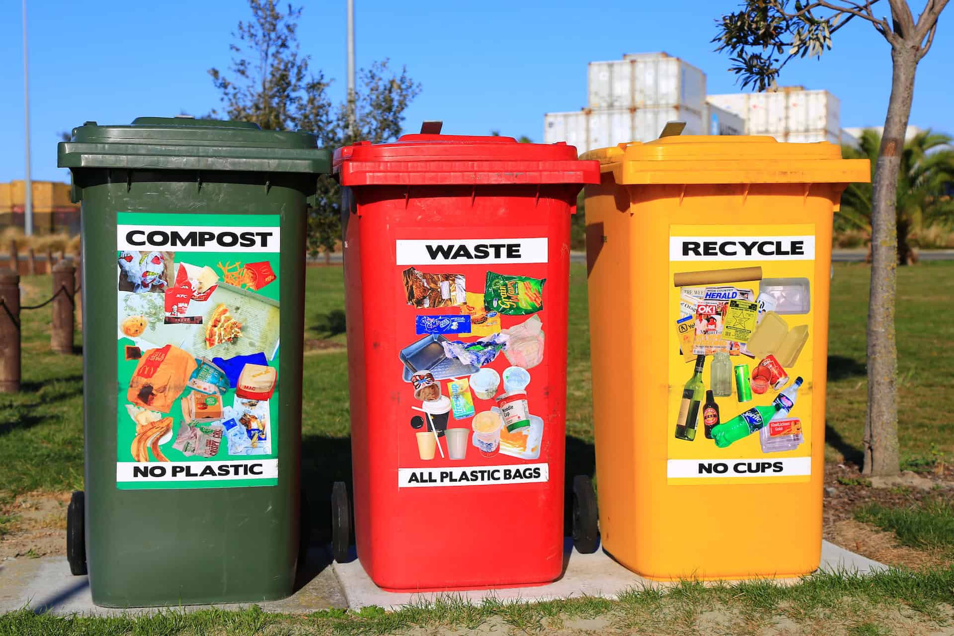 Recyclel, compost, and trash bins (photo by Nareeta Martin)