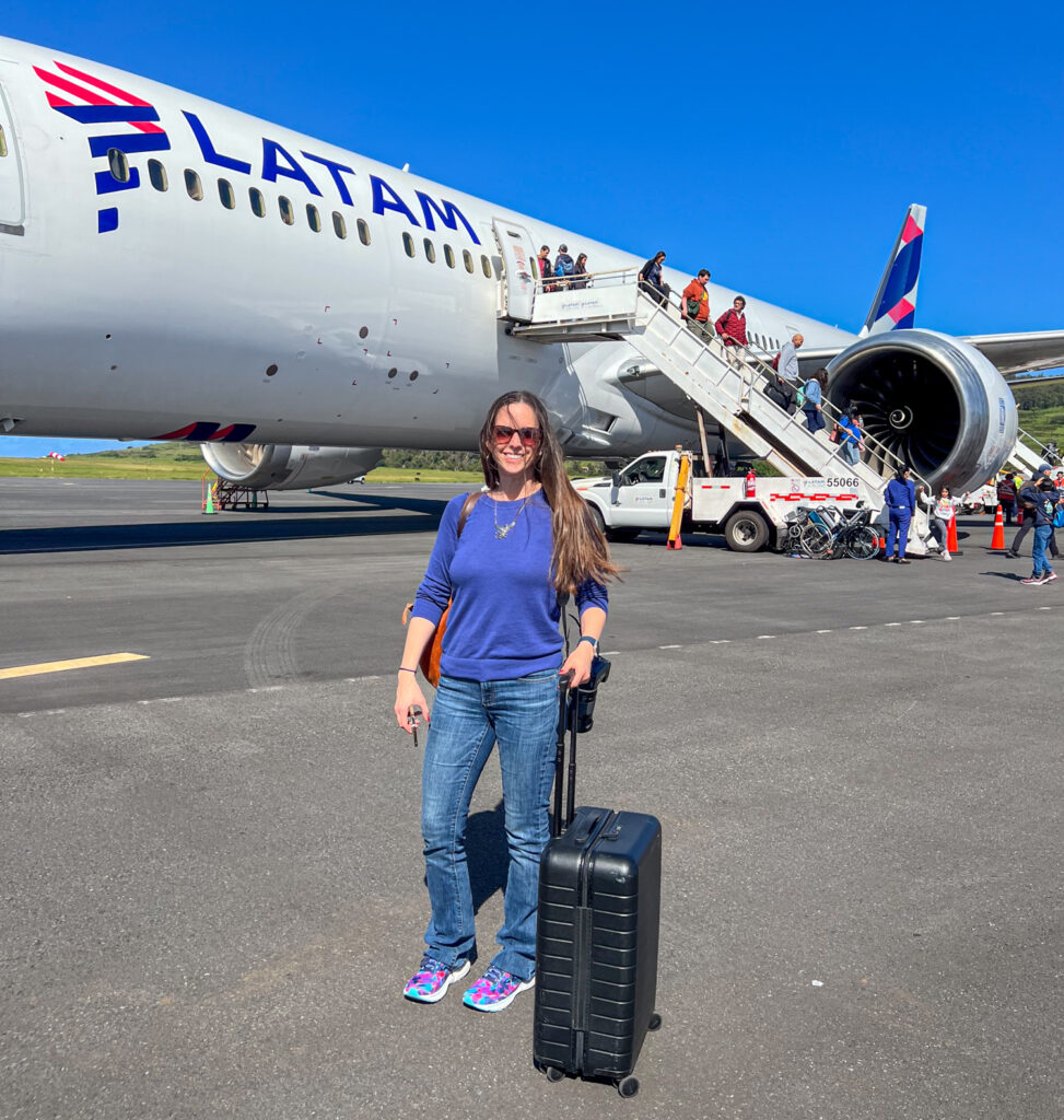 Kel and the LATAM 787 Dreamliner after we landed on Rapa Nui.