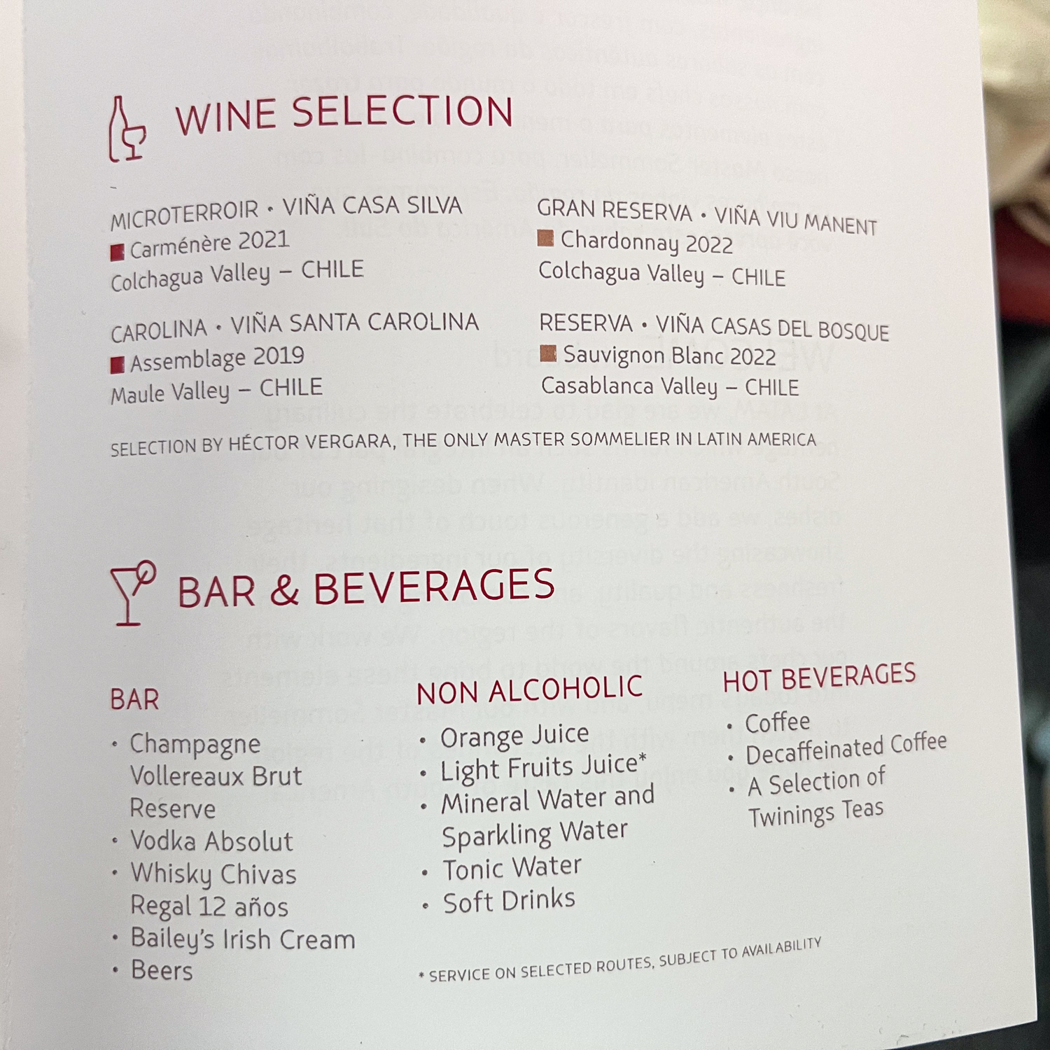 LATAM Business Class wine and drink list. 