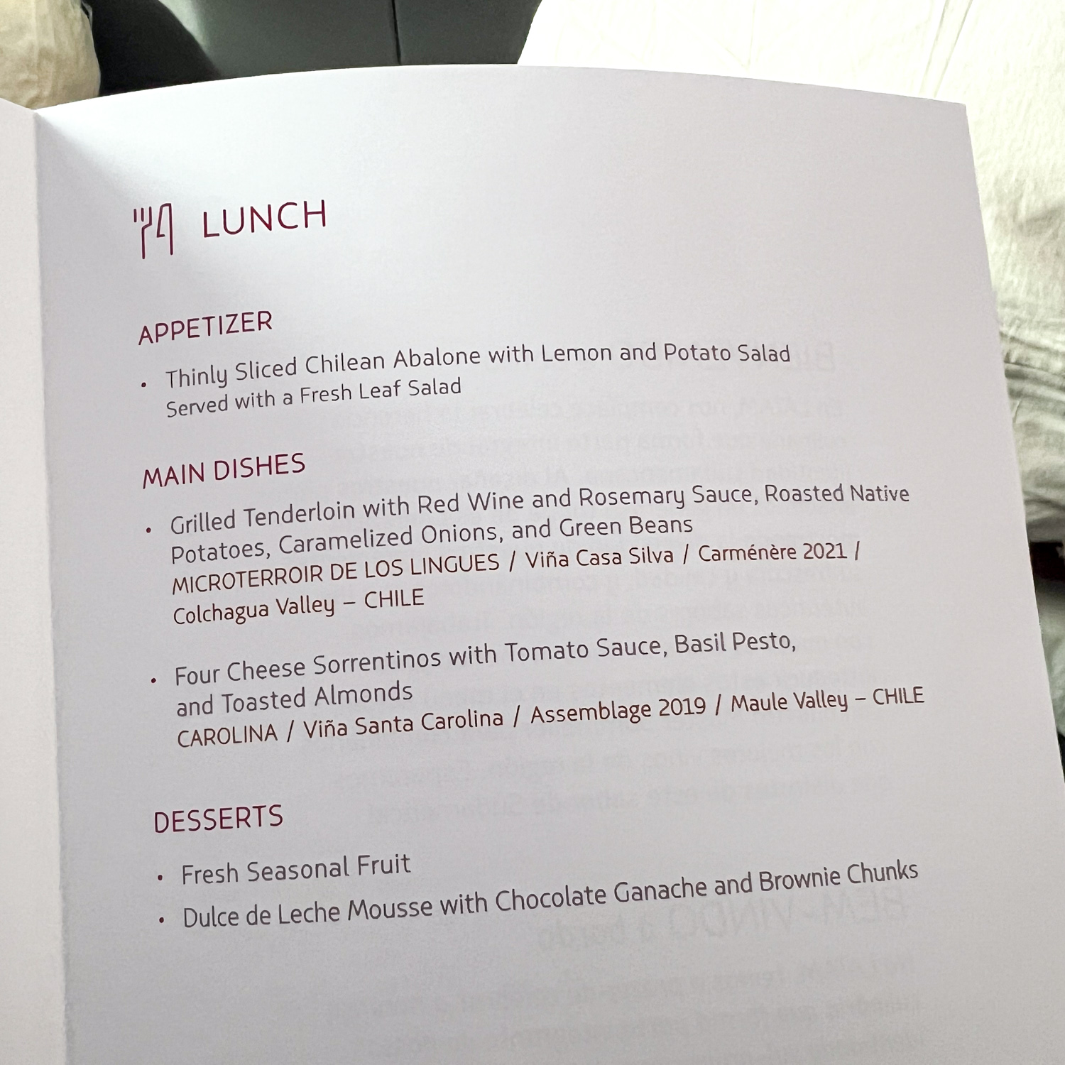 LATAM Business Class lunch menu on our flight to Easter Island.