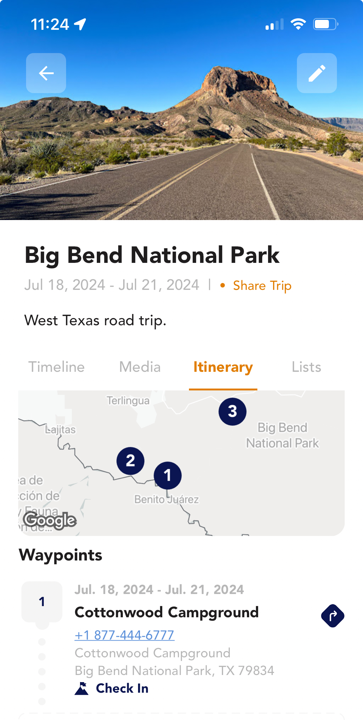 Screenshot of the itinerary section of a trip to Big Bend National Park in the Camping.tools iOS app.